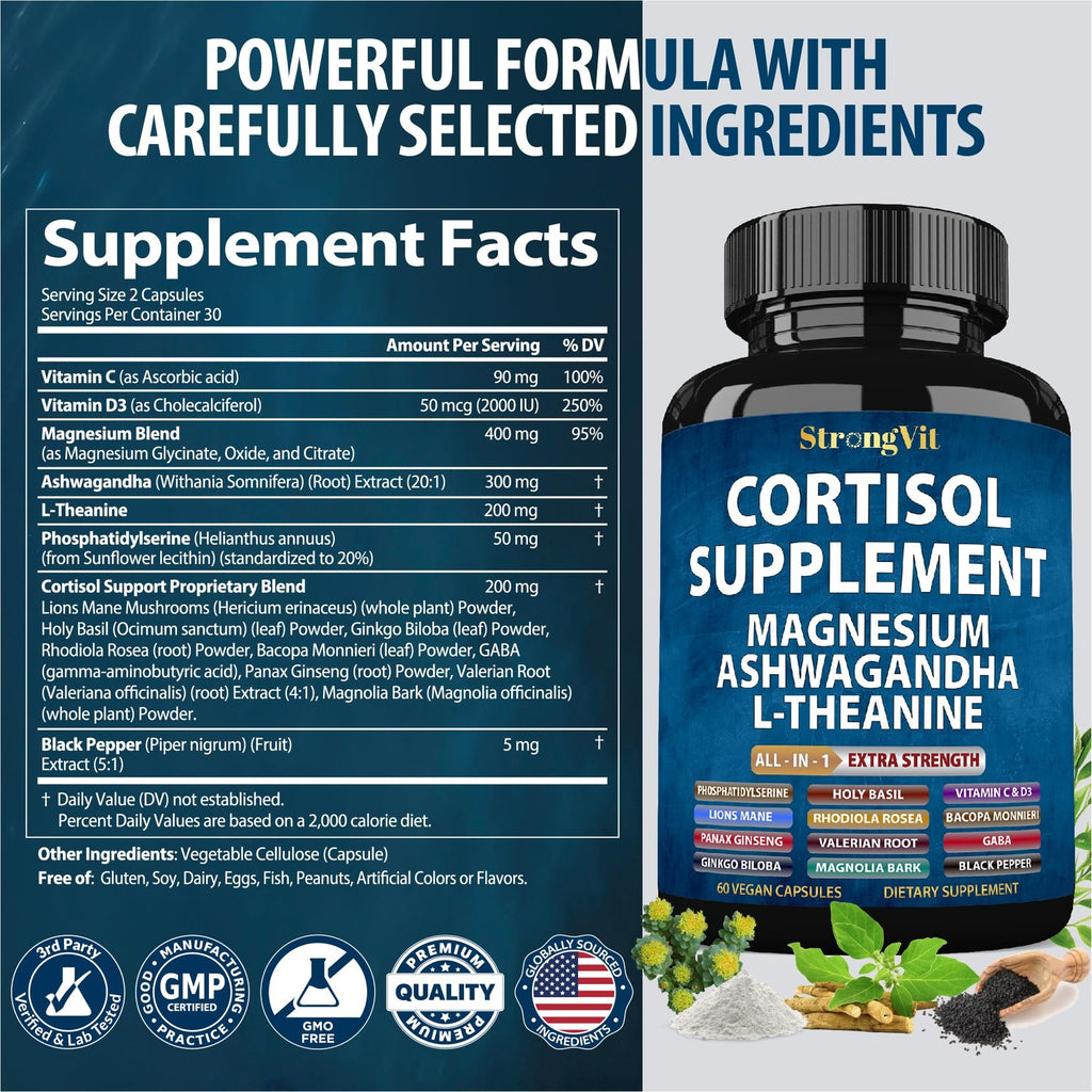 StrongVit Cortisol Supplements for Women and Men with Magnesium, Ashwagandha & L-Theanine. High Cortisol Reducer, Manager, Detox, Lower and Control. Sleep Support & Stress Relief, USA