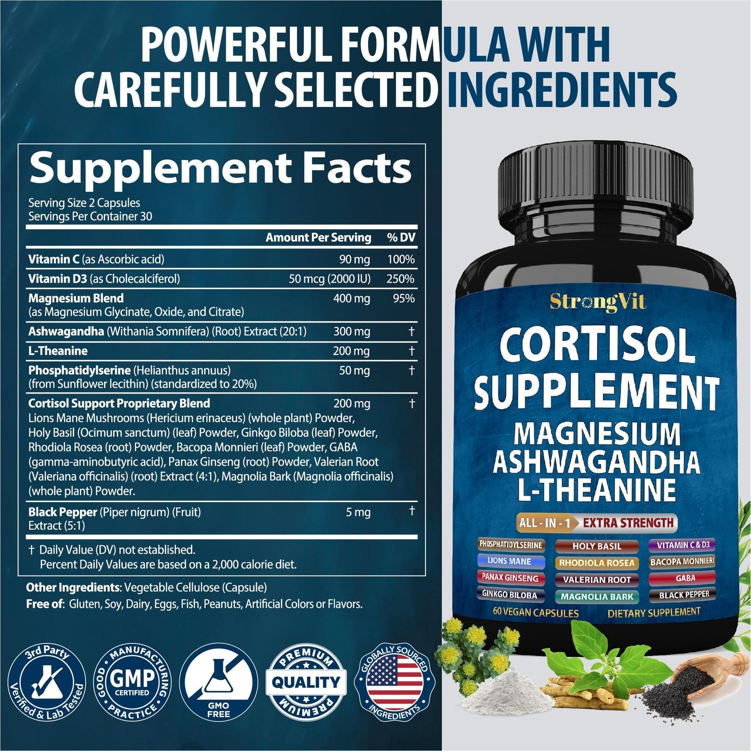 StrongVit Cortisol Supplements for Women and Men with Magnesium, Ashwagandha & L-Theanine. High Cortisol Reducer, Manager, Detox, Lower and Control. Sleep Support & Stress Relief, USA