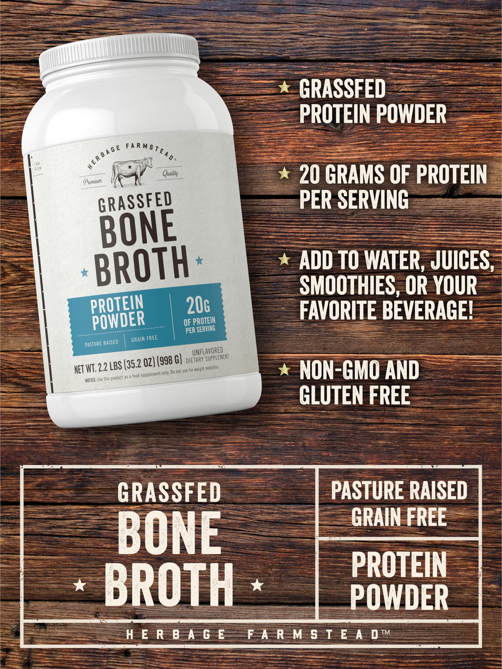 Carlyle Grass Fed Bone Broth Protein Powder | 35.2 oz (2.2lb) | 20g Protein | Pasture Raised, Grain Free Supplement | Non-GMO & Gluten Free | By Herbage Farmstead