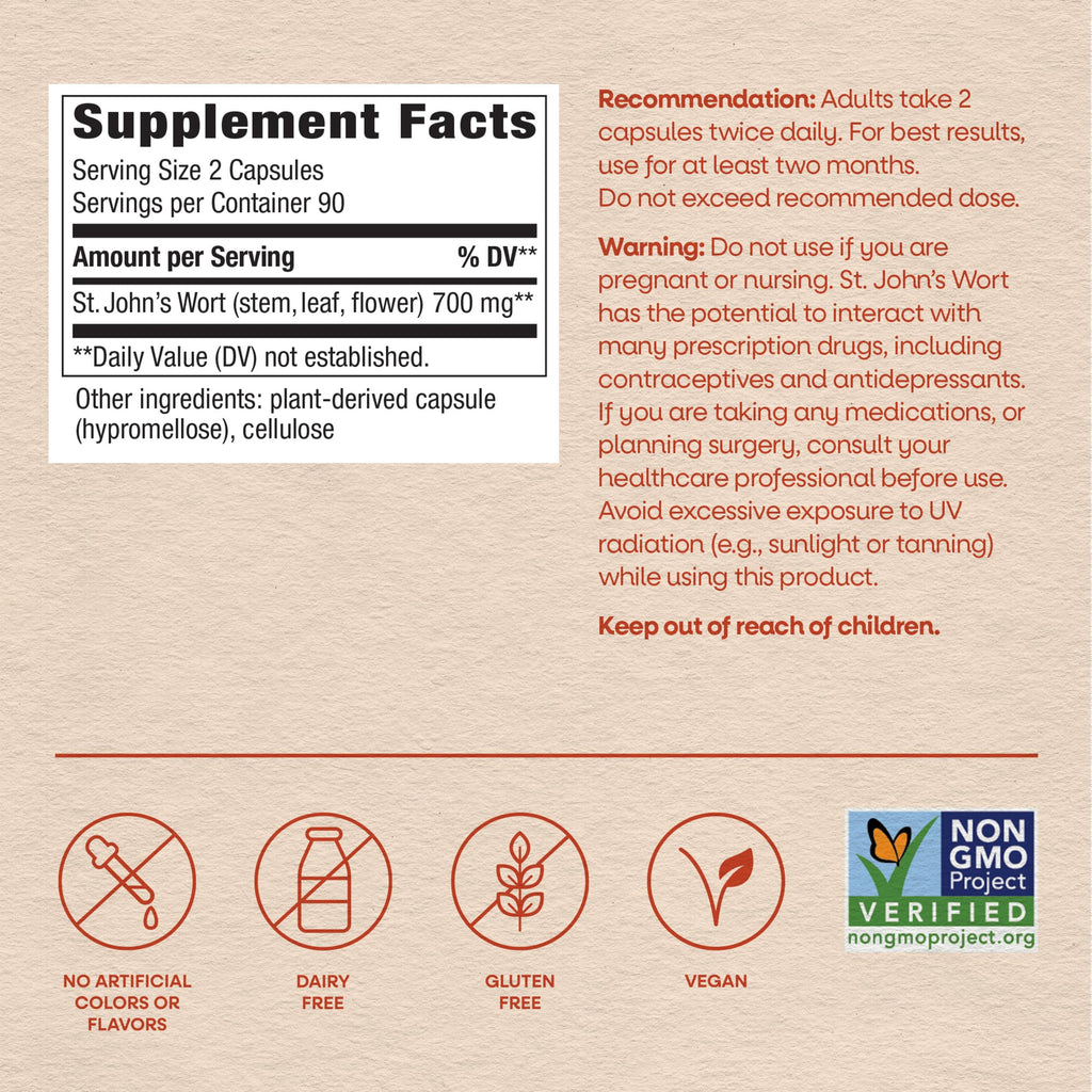 Nature's Way St. John’s Wort Capsules, 700 mg per Serving, 180 ct | Herbal Supplement Promotes a Positive Outlook*, 700 mg per 2-Capsule Serving, Non-GMO Project Verified, Vegan Capsules