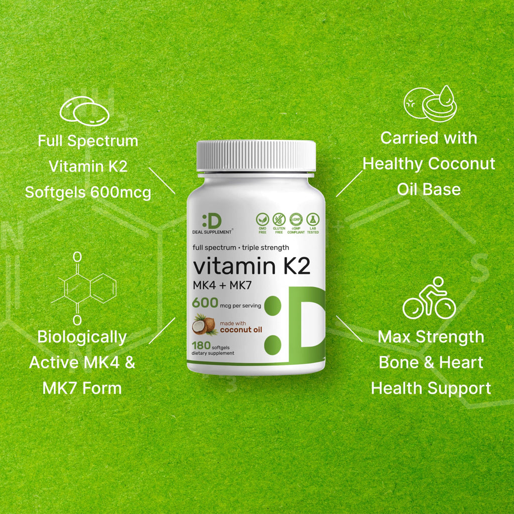 DEAL SUPPLEMENT Vitamin K2 Supplement 600mcg, 180 Coconut Oil Softgels | Full Spectrum High Absorption MK-7 & MK-4 Forms | Bone, Joint, & Immune Support – Non-GMO