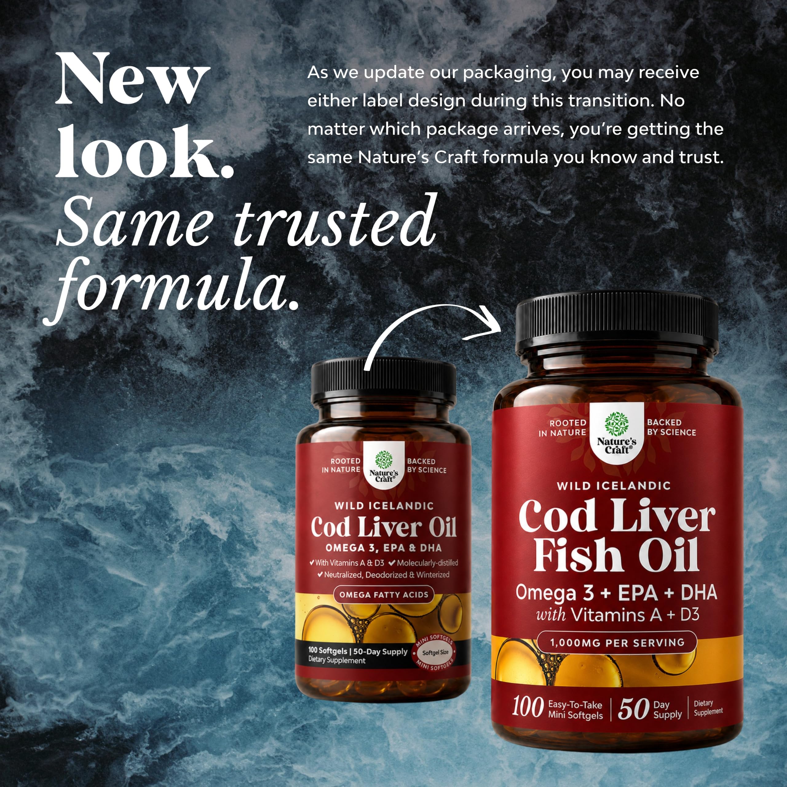 Icelandic Cod Liver Oil Softgels - Omega 3 Fish Oil with Vitamin A - 100 Ct | Wild Caught - Paired with EPA , DHA & D3 - Healthy Heart, Brain & Immune Support - 1000 mg Per Serving - 50 Burpless Servings