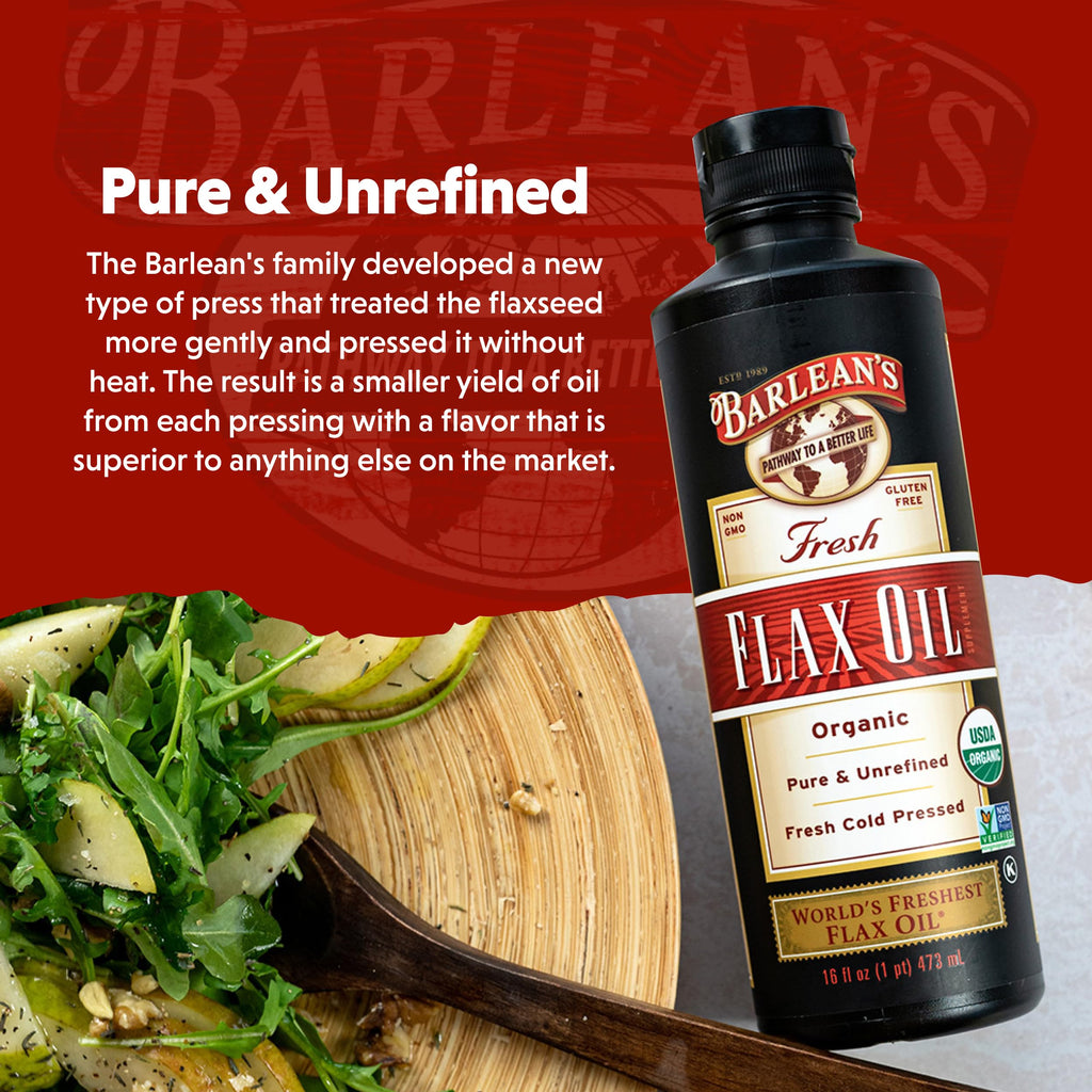 Barlean's Organic Flaxseed Oil, 7640mg ALA Omega-3, Cold-Pressed, 32oz | Fresh cold-pressed flax seeds, ALA omega 3-6-9, Vegan, Non-GMO, Gluten-free, Unrefined, 32 oz value size, Heart & skin