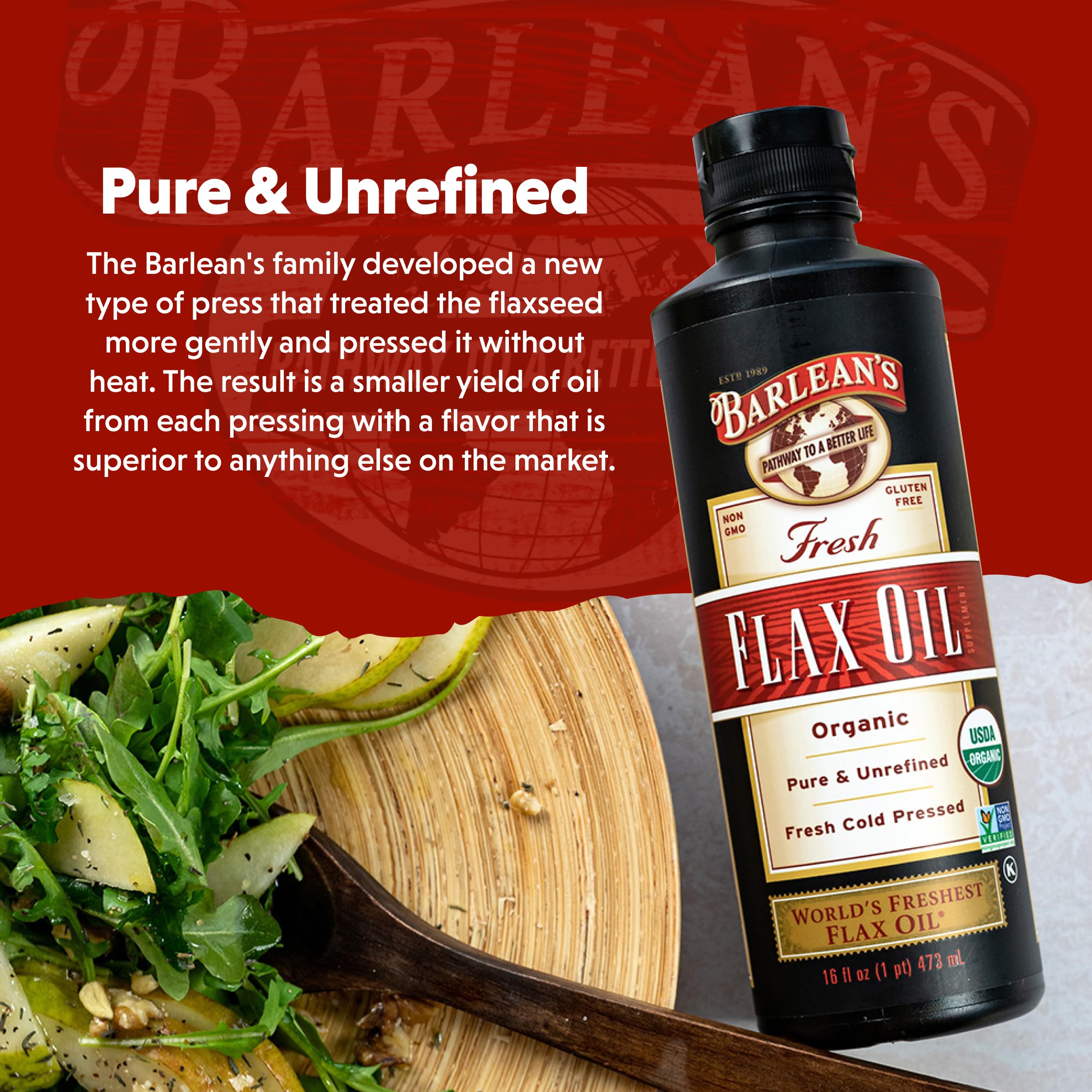 Barlean's Organic Flaxseed Oil, 7640mg ALA Omega-3, Cold-Pressed, 32oz | Fresh cold-pressed flax seeds, ALA omega 3-6-9, Vegan, Non-GMO, Gluten-free, Unrefined, 32 oz value size, Heart & skin