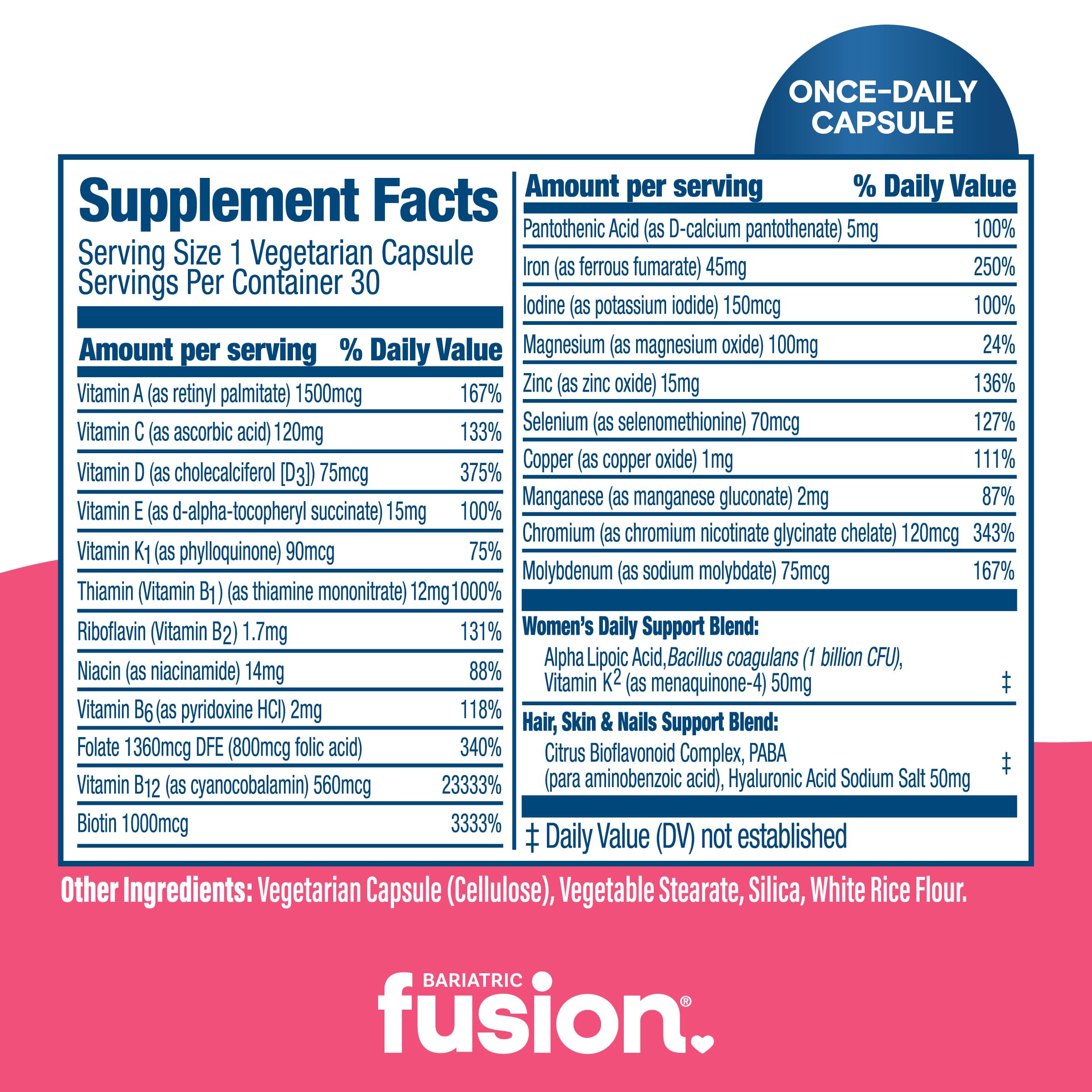Bariatric Fusion Bariatric Multivitamin with Iron for Women | Hair, Skin and Nails Blend for Hair Loss After Bariatric Surgery & GLP-1 | 30 Capsules | 1 Month Supply