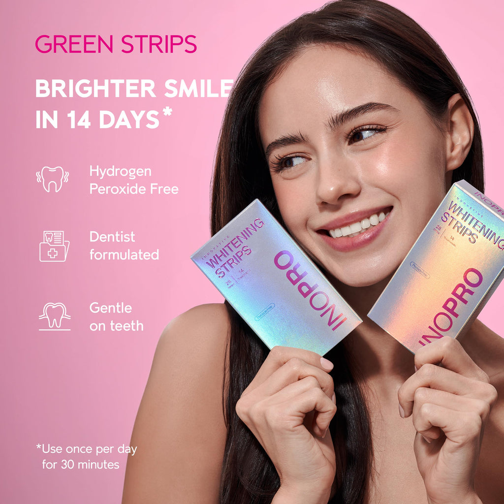 Buy now InoPro Teeth Whitening Strips 14 Treatments Kit - Enamel Safe Teeth Whitener, Peroxide-Free, Green White Strips for Teeth Whitening with Arbutin, Coconut Oil, Deep Stains Removal (28 Strips) at indiglob india