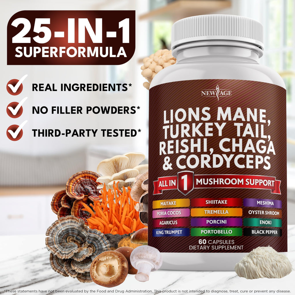 NEW AGE Lions Mane Mushroom Supplement with Turkey Tail Reishi Cordyceps Chaga with Marshmallow Root - 120 Count
