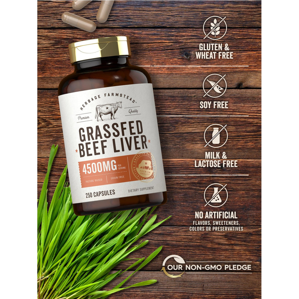 Carlyle Grass Fed Beef Liver Capsules | 4500mg | 250 Count | Desiccated Supplement | Non-GMO, Gluten Free | by Herbage Farmstead