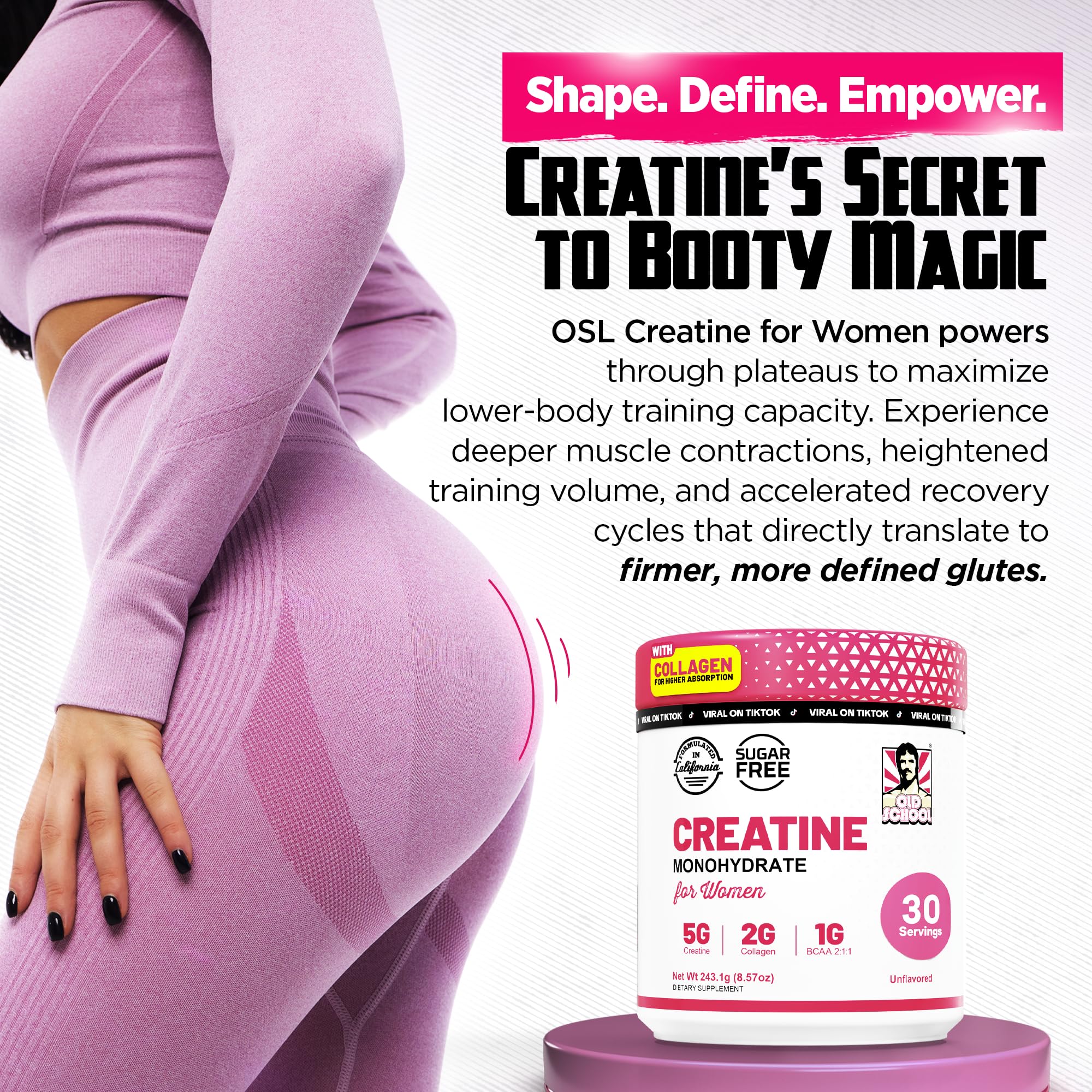 Old School Labs Creatine for Women with Collagen and BCAA, Unflavored | Post-Workout Supplement with 5g Creatine Monohydrate Powder, 2g Collagen & BCAA for Strength & Recovery