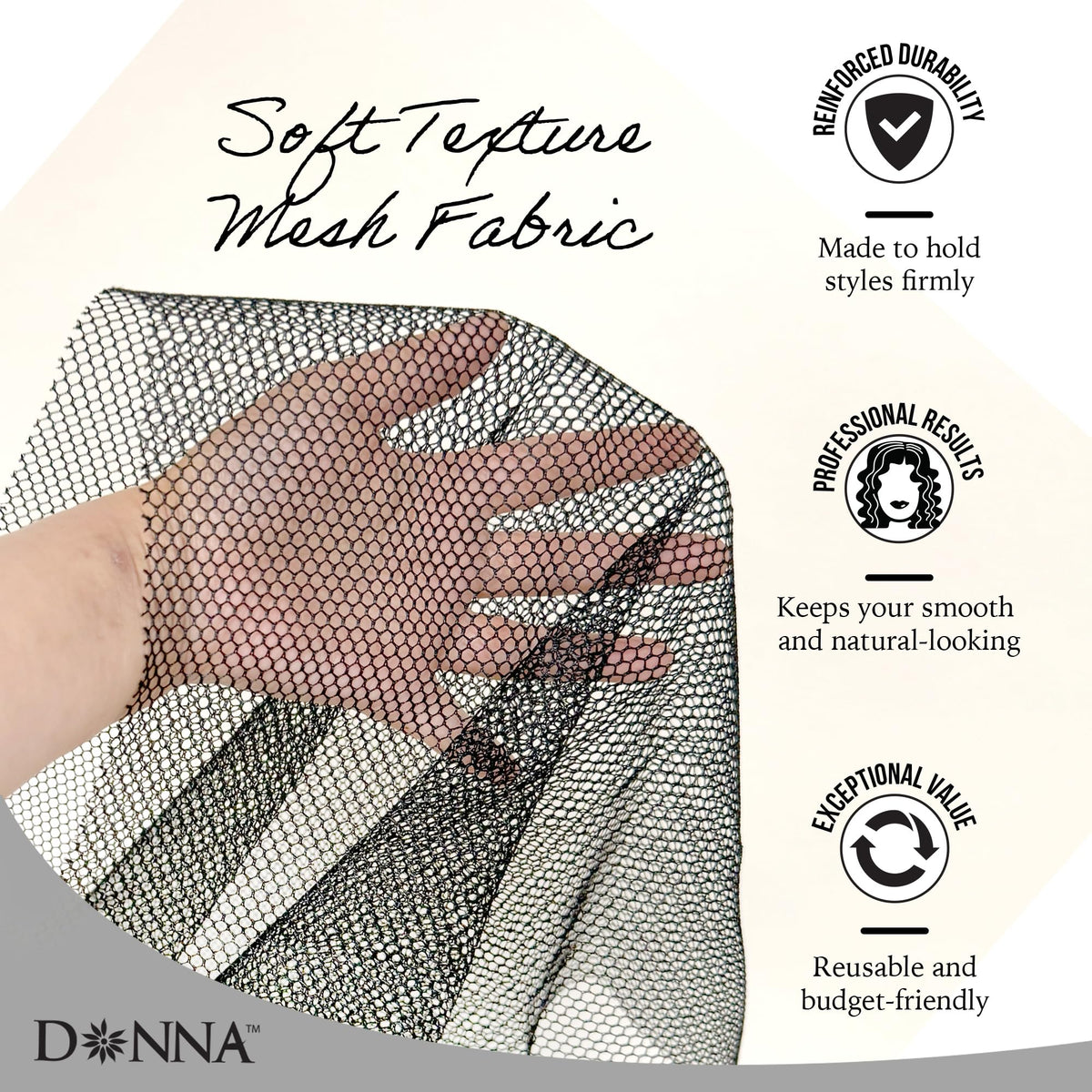 DONNA Deluxe Soft Weaving Net 17.5″ × 26″ – Triple Helix Structure Hair Net for Sew-in Weave Styles, Soft Texture Fits Scalp Contour, Durable & Flexible Mesh Fabric for Salon and Home Use, Black