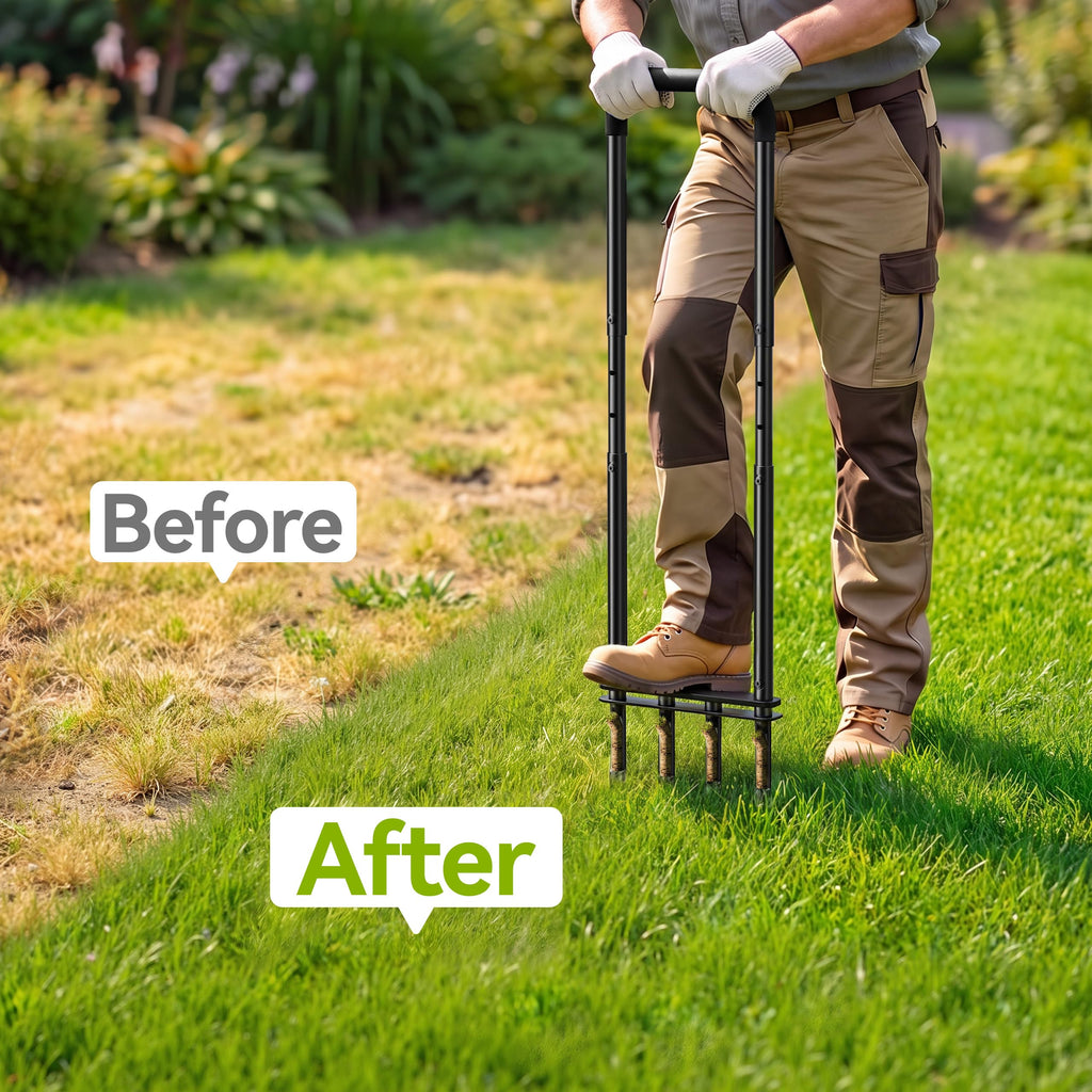 Knee-Friendly Manual Lawn Aerator, Adjustable 43.3–48.5", Black, Dual Step