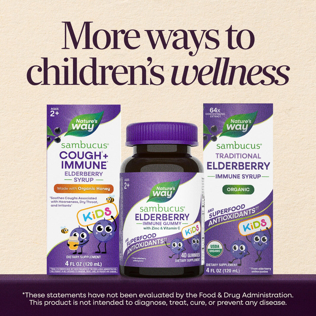 Nature's Way Sambucus Kids Elderberry Immune Gummies, Ages 2+, 60 ct | Daily Immune Support Gummy with Black Elderberry Extract, Vitamin C and Zinc, for Children Ages 2+*
