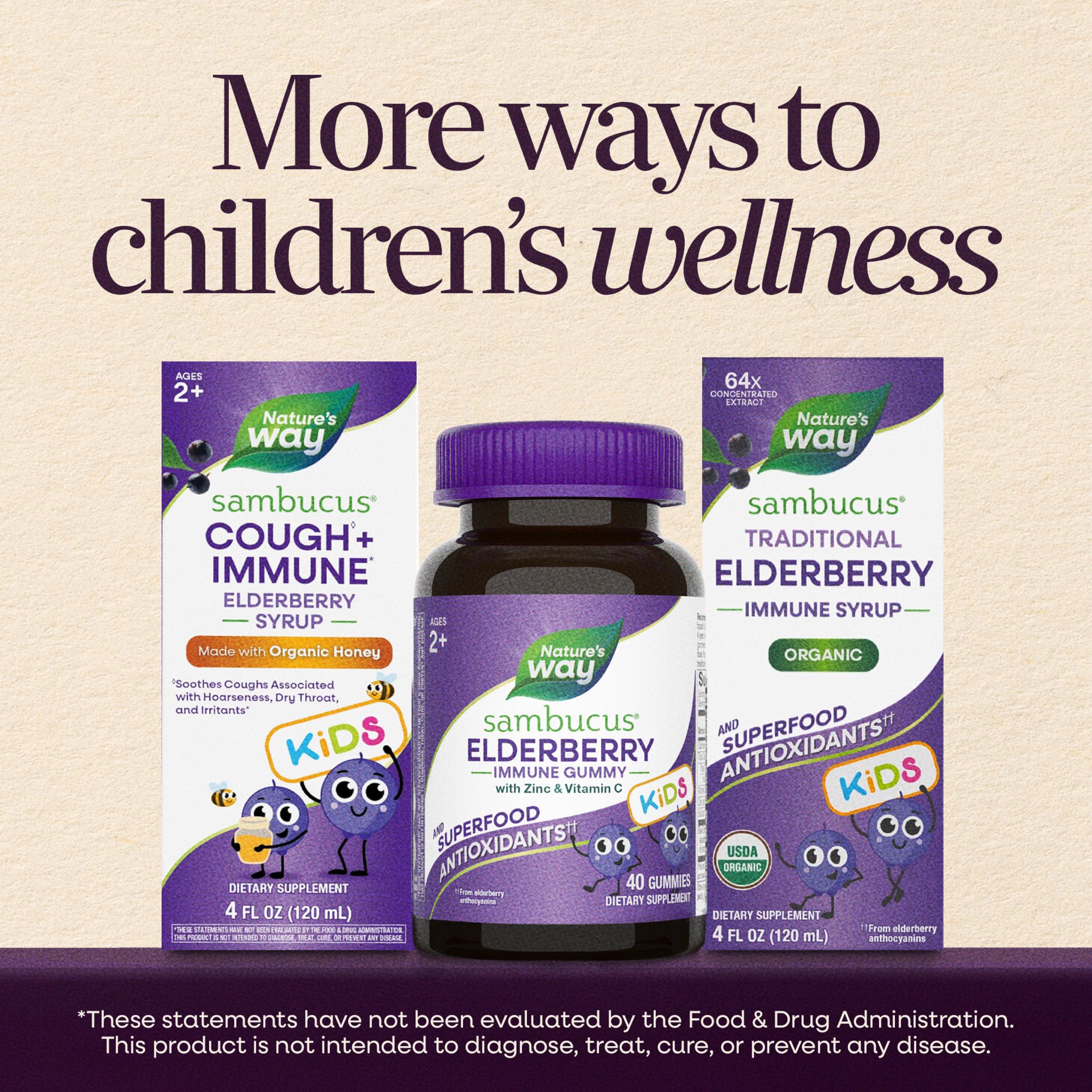 Nature's Way Sambucus Kids Elderberry Immune Gummies, Ages 2+, 60 ct | Daily Immune Support Gummy with Black Elderberry Extract, Vitamin C and Zinc, for Children Ages 2+*