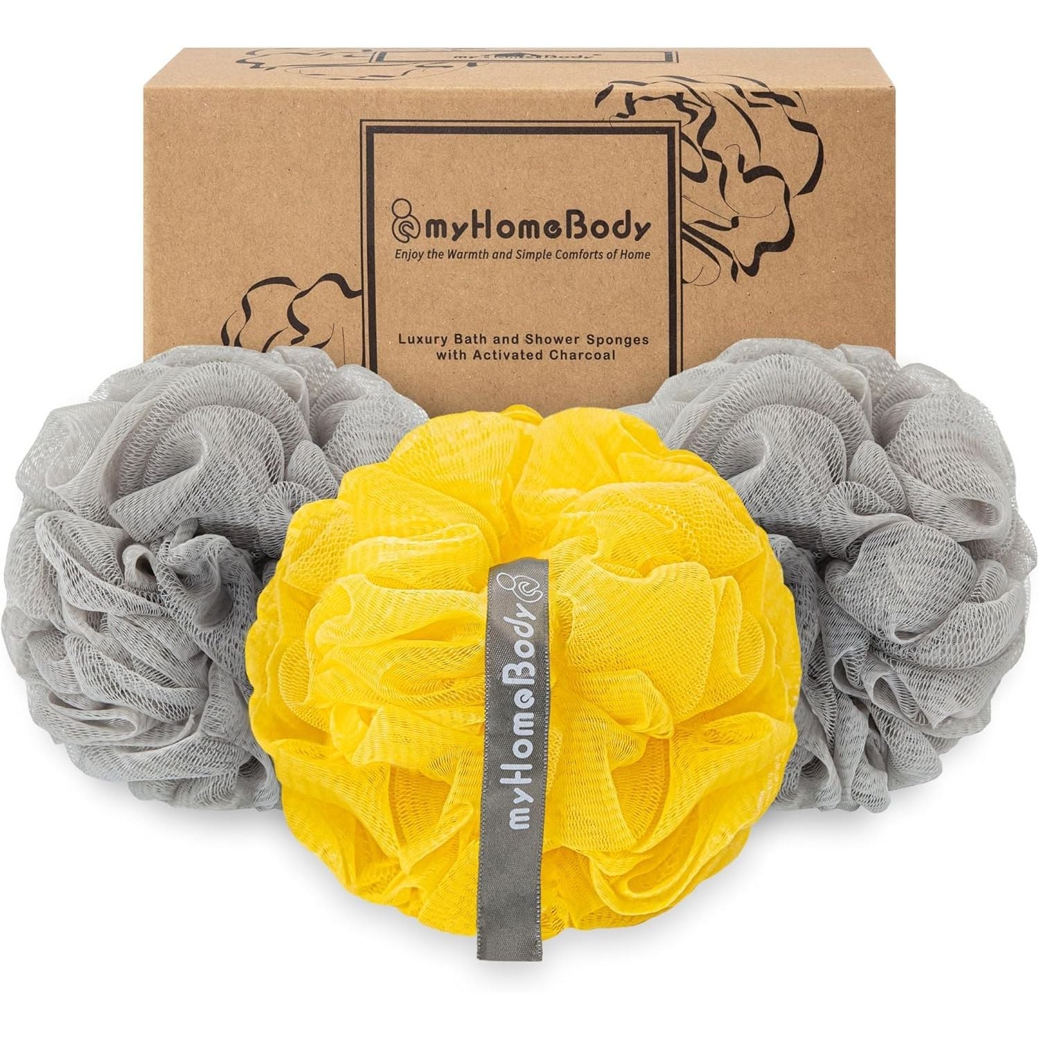 Buy now myHomeBody Large 70g Loofah Sponge, Bath Body Scrubber for Women, Men, Exfoliating Shower Pouf with Activated Charcoal - 2 Graphite Gray + 1 Sage Green, 3 Pack 2 Ultimate Gray + 1 Illuminating Yellow at indiglob india