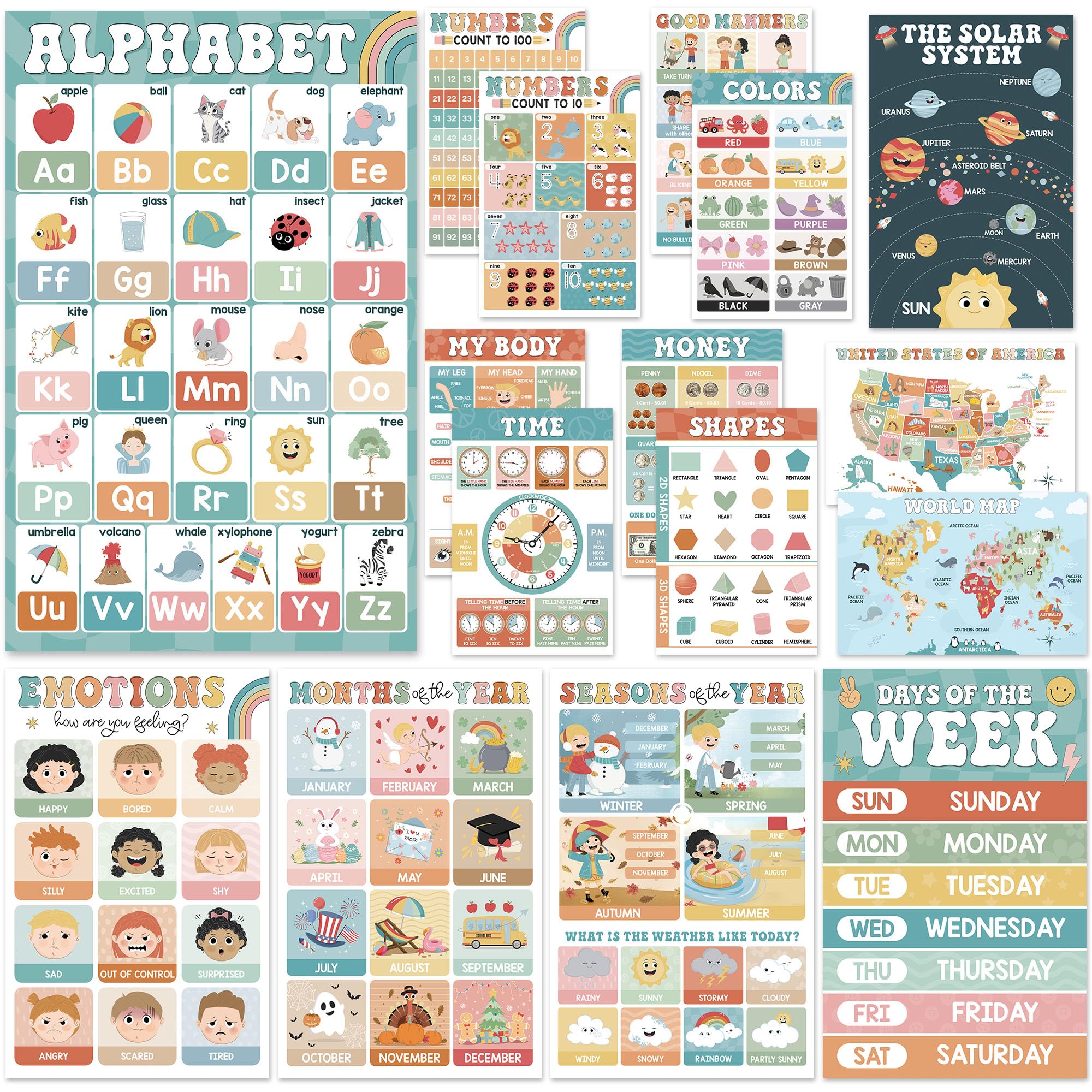 Buy now BEAWART 18 Laminated Educational Posters For Toddlers, Preschool Posters for Classroom, Kindergarten Wall Decor, PreK Learning Materials Alphabet Number Chart 16 Boho Groovy Educational Posters at indiglob india
