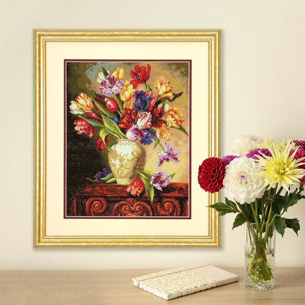 Buy now Dimensions Gold Collection Counted Cross Stitch Kit, Parrot Tulips, 14 Count Black Aida, 12'' x 15'' at indiglob india