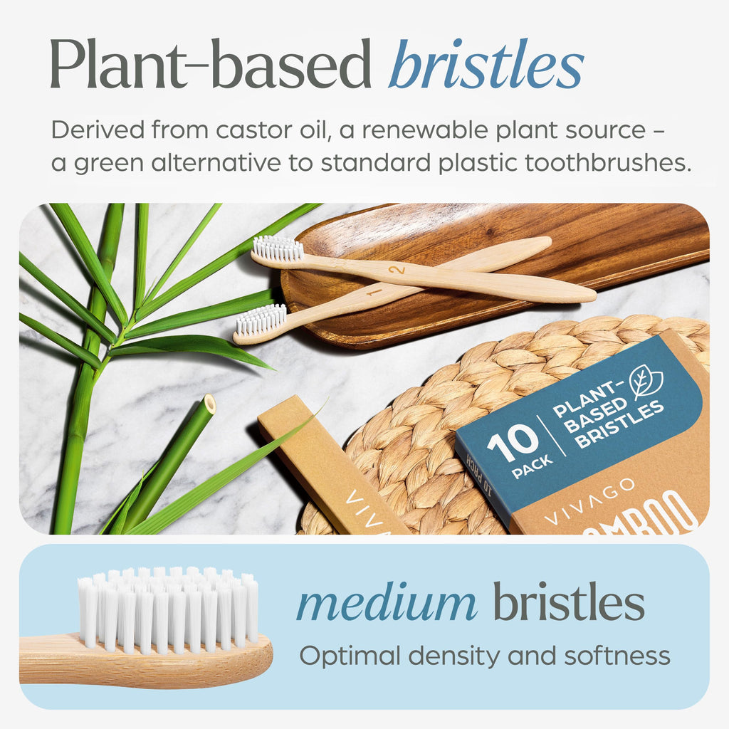 VIVAGO Bamboo Toothbrushes 10 Pack – Plant-Based Medium Bristles