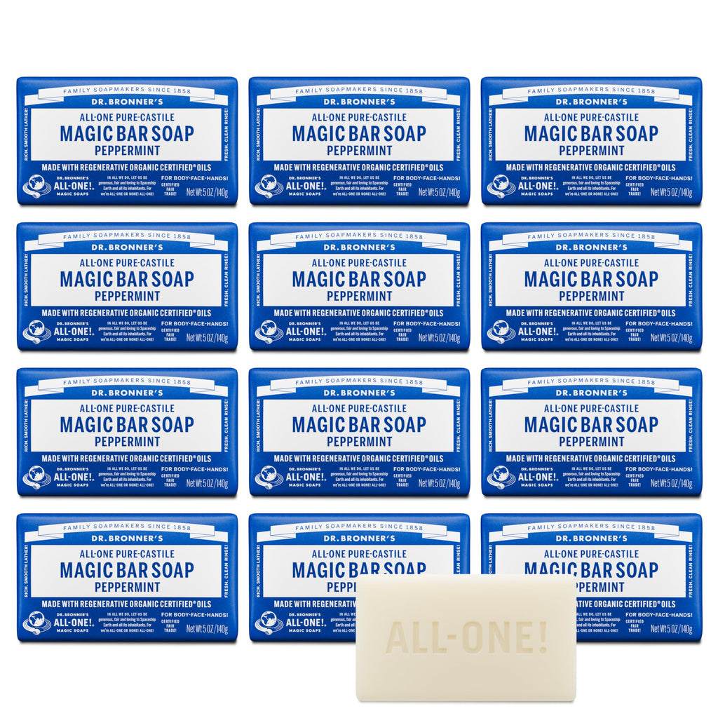 Dr. Bronner's Pure-Castile Magic Soap Bars (Peppermint, 5 oz, 6-Pack) - Made with Regenerative Organic Certified Oils - For Face, Body & Hair - Gentle, Vegan - Bar Soaps for Men & Women