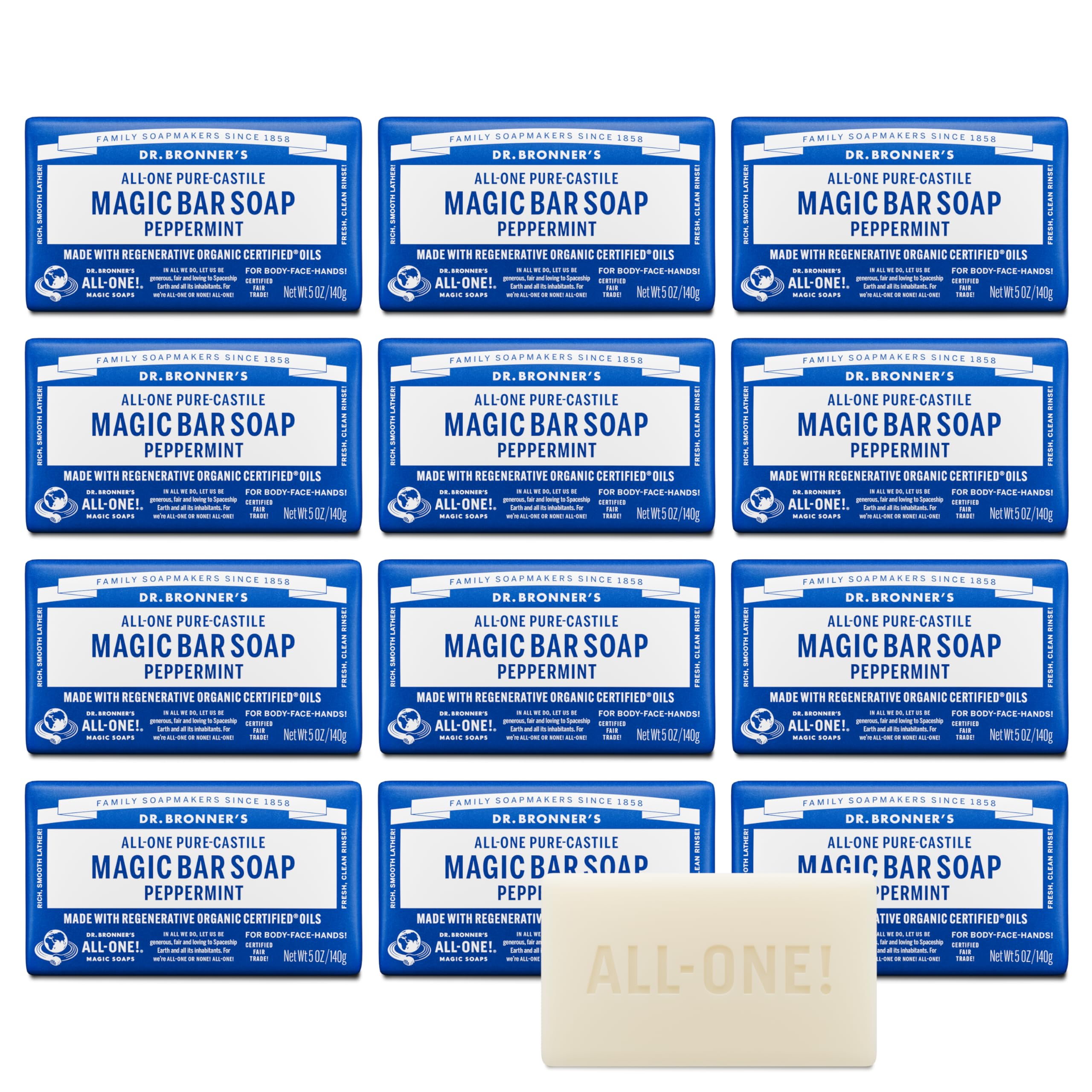 Dr. Bronner's Pure-Castile Magic Soap Bars (Peppermint, 5 oz, 6-Pack) - Made with Regenerative Organic Certified Oils - For Face, Body & Hair - Gentle, Vegan - Bar Soaps for Men & Women