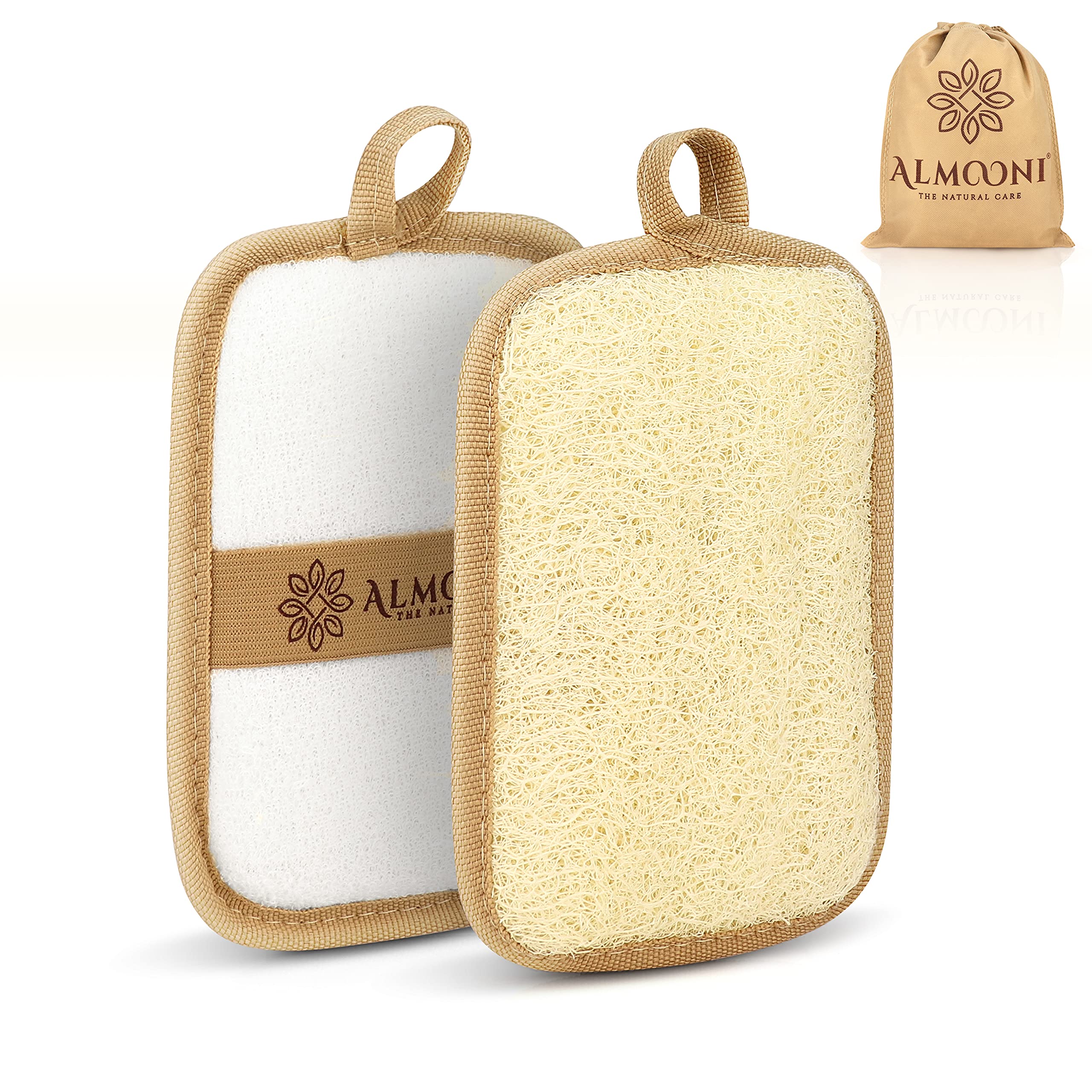Almooni Natural Loofah Exfoliating Body Scrubber, Shower Sponge 2 Count | Natural Egyptian Loofah, Exfoliating Sponge for Face and Body, Bath Shower Loofah Sponge for Women and Men, 2 count pack