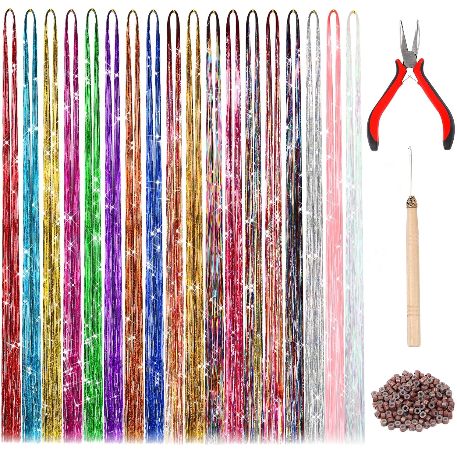 Buy now FEBSNOW 47 Inches Tinsel Hair Extension with Tool 12 Colors 2400 Strands Hair Extension Tinsel Kit Glitter Hair Extensions for Women Girls Hair Accessories for Christmas New Year Cosplay Party Multi 18 colors at indiglob india