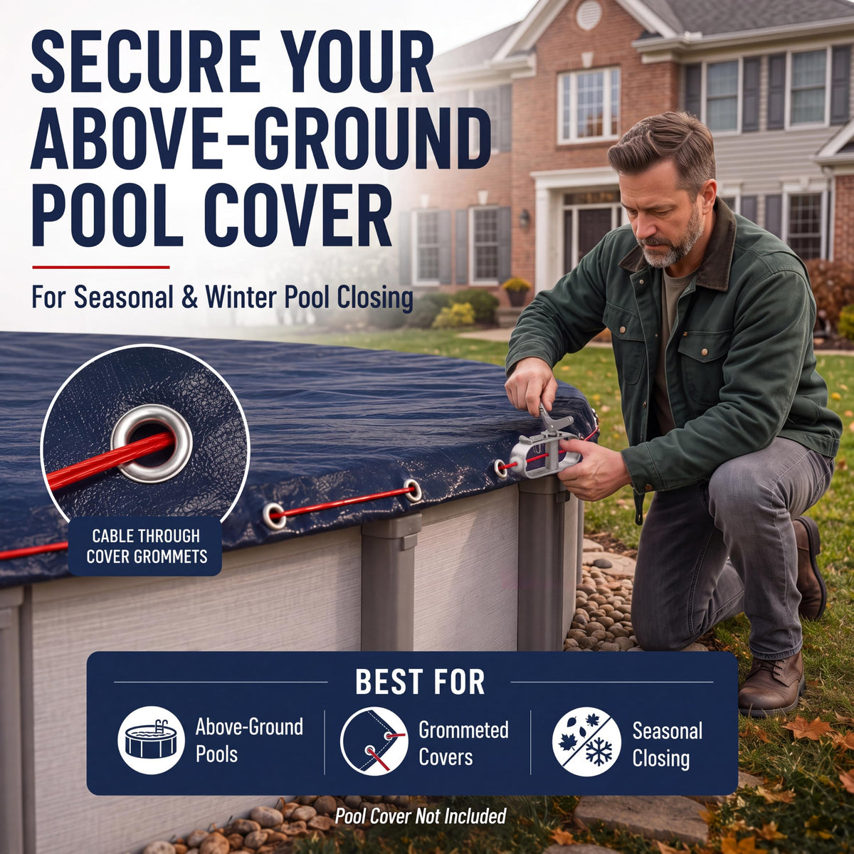 Pool Cover Cable and Winch Kit, 100 ft for Above-Ground Pool Covers