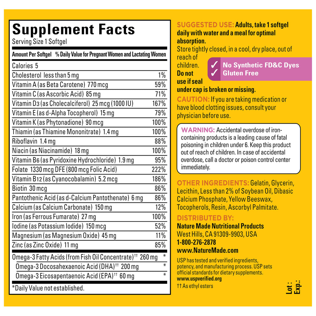 Nature Made Prenatal Vitamins for Women with Folic Acid + DHA, 110 Softgels | Prenatal Vitamin and Mineral Supplement for Daily Nutritional Support, With Folic Acid and 19 Other Nutrients, 110 Day Supply