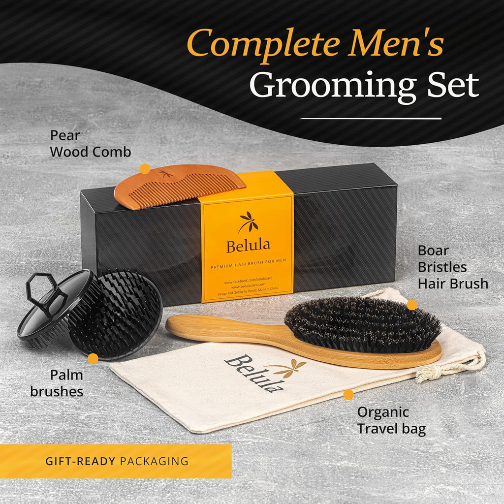 Buy now Belula Boar Bristle Hair Brush Set for Men - Soft Mens Hair Brush for Thin, Normal & Short Hair - Includes Wooden Comb, 2 Palm Brushes & Travel Bag - Best Hair Brushes for Men! at indiglob india