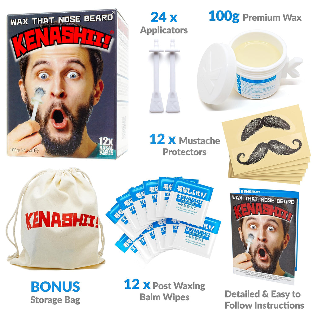 KENASHII Nose Wax Kit | 100 g Wax, 24 Applicators | The Original & Best Nose and Ear Hair Removal Kit from Kenashii | Nasal Waxing For Men and Women | Includes Balm Wipes, Mustache Guards, Storage Bag