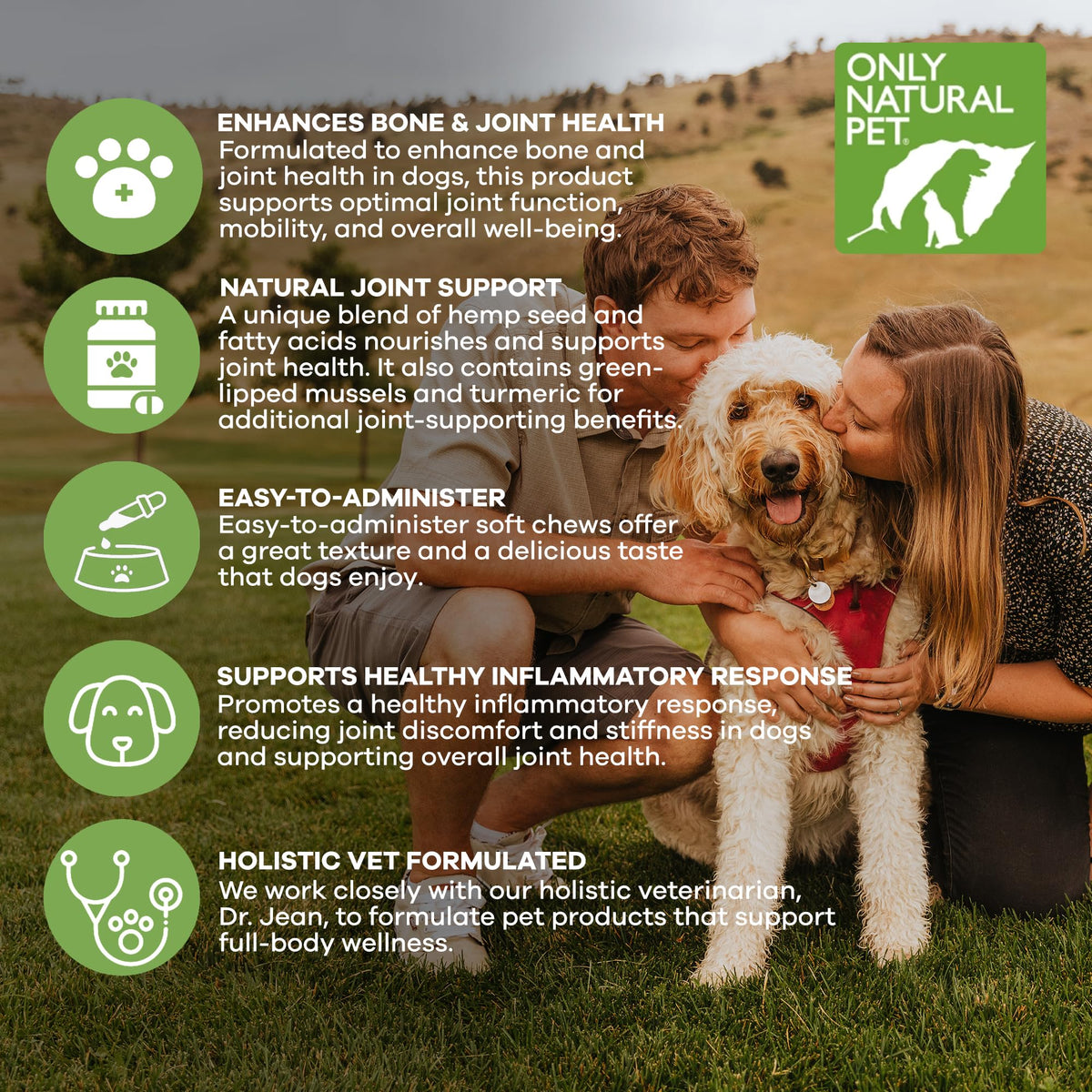 Only Natural Pet Hemp Hip & Joint Support for Dogs - Supplement for Mobility Wellness Pain Relief Healthy Inflammatory & Bone Stiffness - Chews w/Fatty Acid Blend Mussels & Turmeric - 120 Count (H/J)