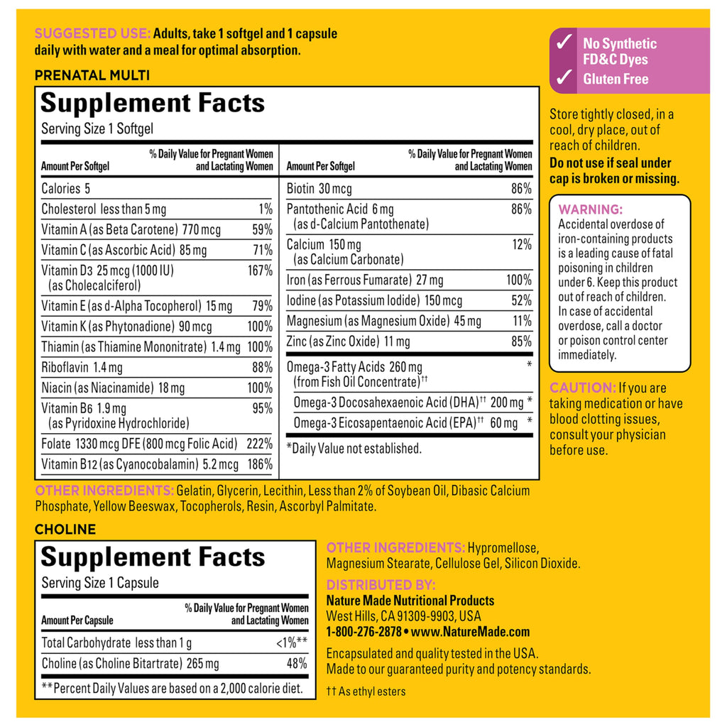 Nature Made Prenatal Vitamin Softgels + Choline Capsules, 60 Count of Each | Prenatal Vitamins for Women, 60 Multi Prenatal Softgels with Folic Acid & DHA + 60 Choline Supplement Capsules, 60 Day Supply