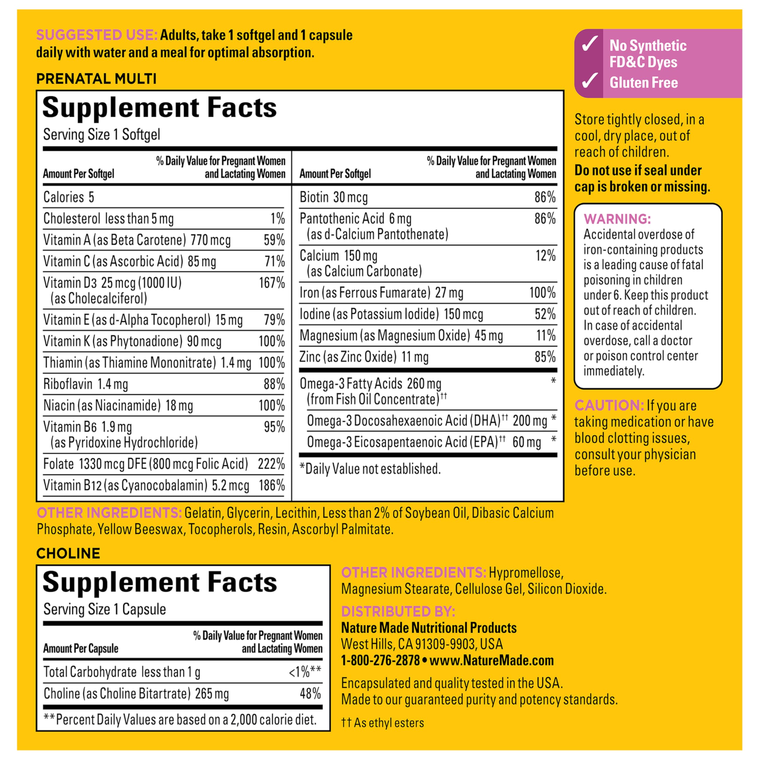 Nature Made Prenatal Vitamin Softgels + Choline Capsules, 60 Count of Each | Prenatal Vitamins for Women, 60 Multi Prenatal Softgels with Folic Acid & DHA + 60 Choline Supplement Capsules, 60 Day Supply