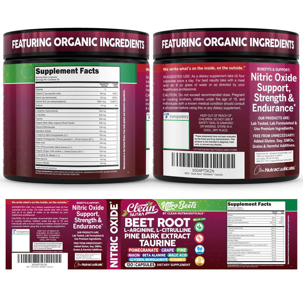Clean Nutra Organic Beet Root Capsules L Arginine L Citrulline Pine Bark Nitric Oxide Beetroot Powder Arginine Citrulline Supplement Pre Workout Supplements Extract – 120 Vegan Pills