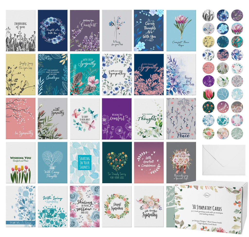 Dessie 30 Unique Sympathy Cards With Greetings Inside. 30 Different, Large Greeting Cards With Envelopes and Matching Sealing Stickers. Includes Sturdy Storage Box.