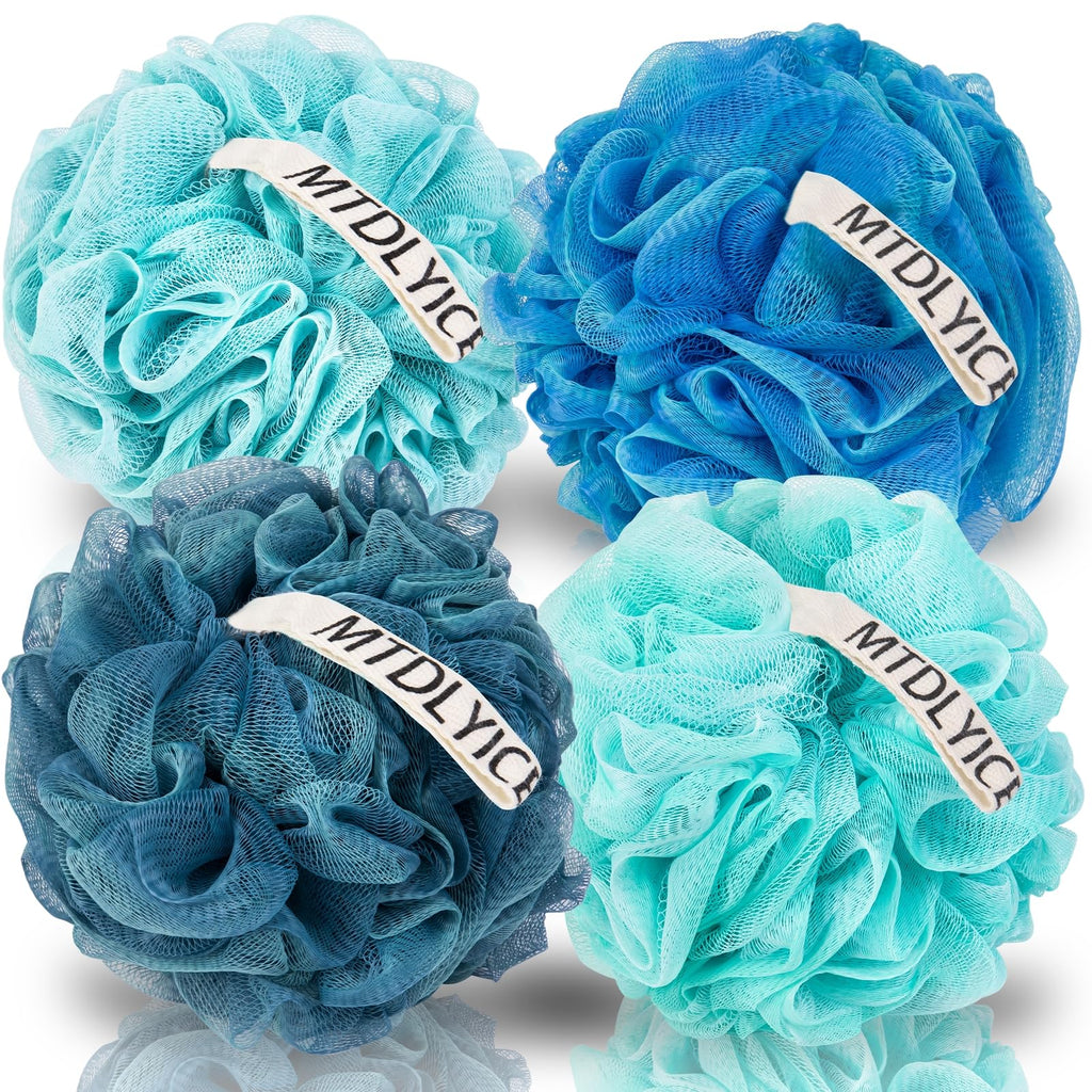 MTDLYICE Loofah Sponge, XXL Large Loofah 100g 4 Pack, Bath Sponge Soft Mesh Shower Loofah for Men, Body Scrub, Shower Pouf Bath Accessories, for Body Wash, Soap (Blue Gray)