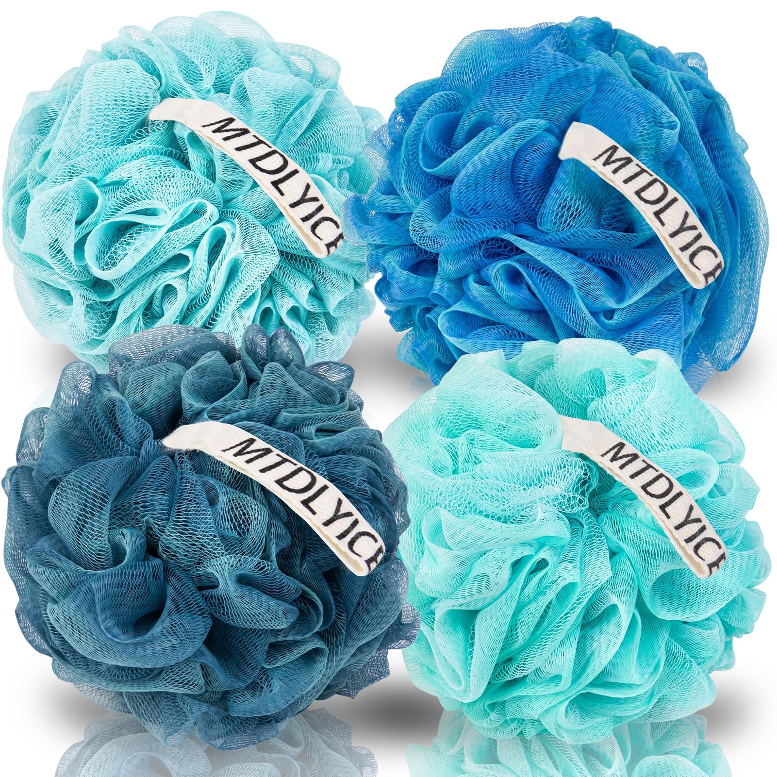 MTDLYICE Loofah Sponge, XXL Large Loofah 100g 4 Pack, Bath Sponge Soft Mesh Shower Loofah for Men, Body Scrub, Shower Pouf Bath Accessories, for Body Wash, Soap (Blue Gray)