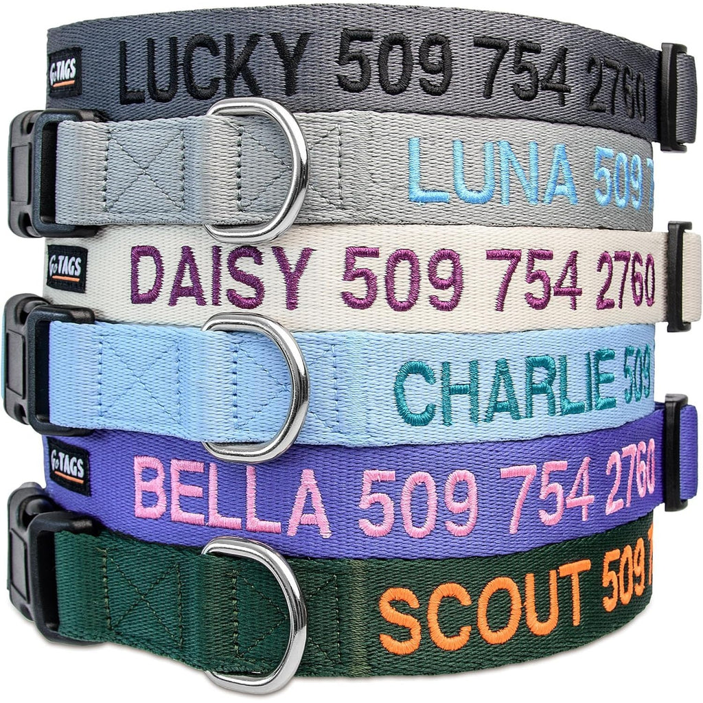 GoTags Personalized Dog Collar, Custom Embroidered Pet ID Dog Collar with Pet Name and Phone Number, Adjustable with Quick Release Snap Buckle