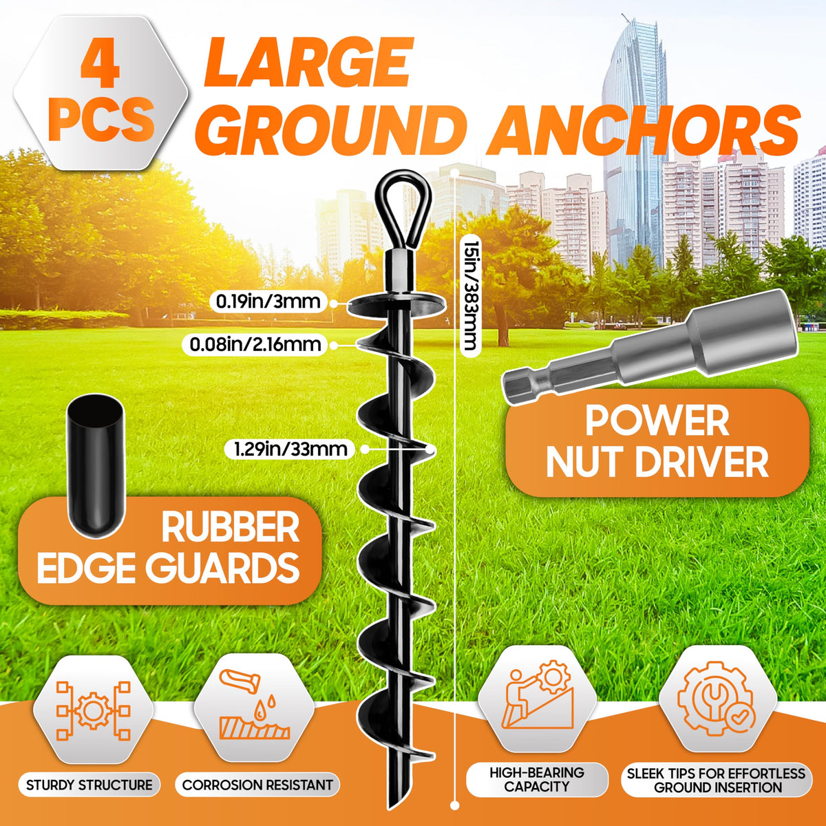 [Premium] 4PCS Ground Anchors Screw in & Power Nut Driver, Swing Set Anchor