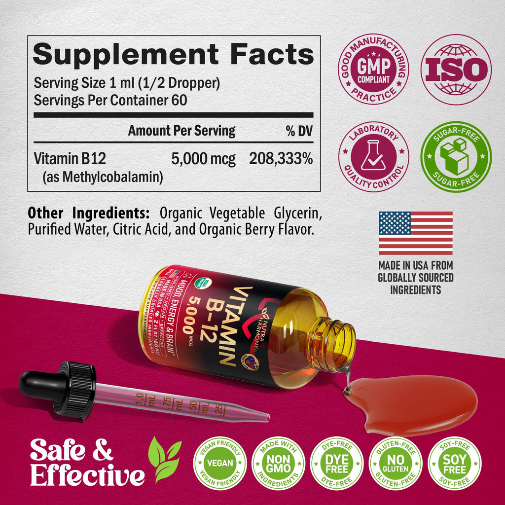 USDA Organic Vitamin B12 Sublingual Drops - Methylcobalamin 5000 mcg - 2 Oz | Vitamin B12 for Women & Men - Energy Boost, Focus & Brain Support - Bioavailable - Berry Flavor, Sugar-Free - 60-Day Supply