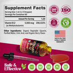 USDA Organic Vitamin B12 Sublingual Drops - Methylcobalamin 5000 mcg - 2 Oz | Vitamin B12 for Women & Men - Energy Boost, Focus & Brain Support - Bioavailable - Berry Flavor, Sugar-Free - 60-Day Supply