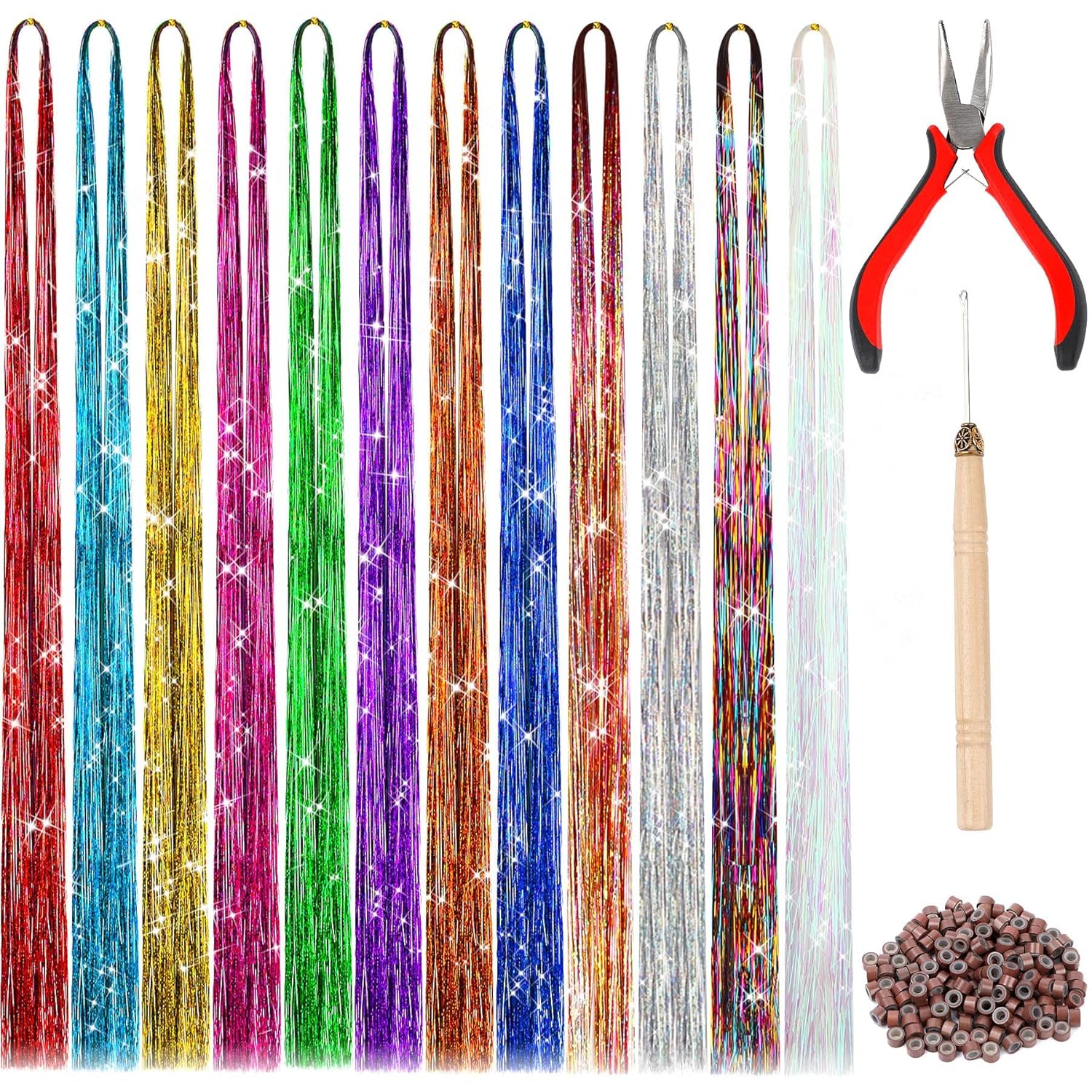 Buy now FEBSNOW 47 Inches Tinsel Hair Extension with Tool 12 Colors 2400 Strands Hair Extension Tinsel Kit Glitter Hair Extensions for Women Girls Hair Accessories for Christmas New Year Cosplay Party Multi 12 colors-1 at indiglob india
