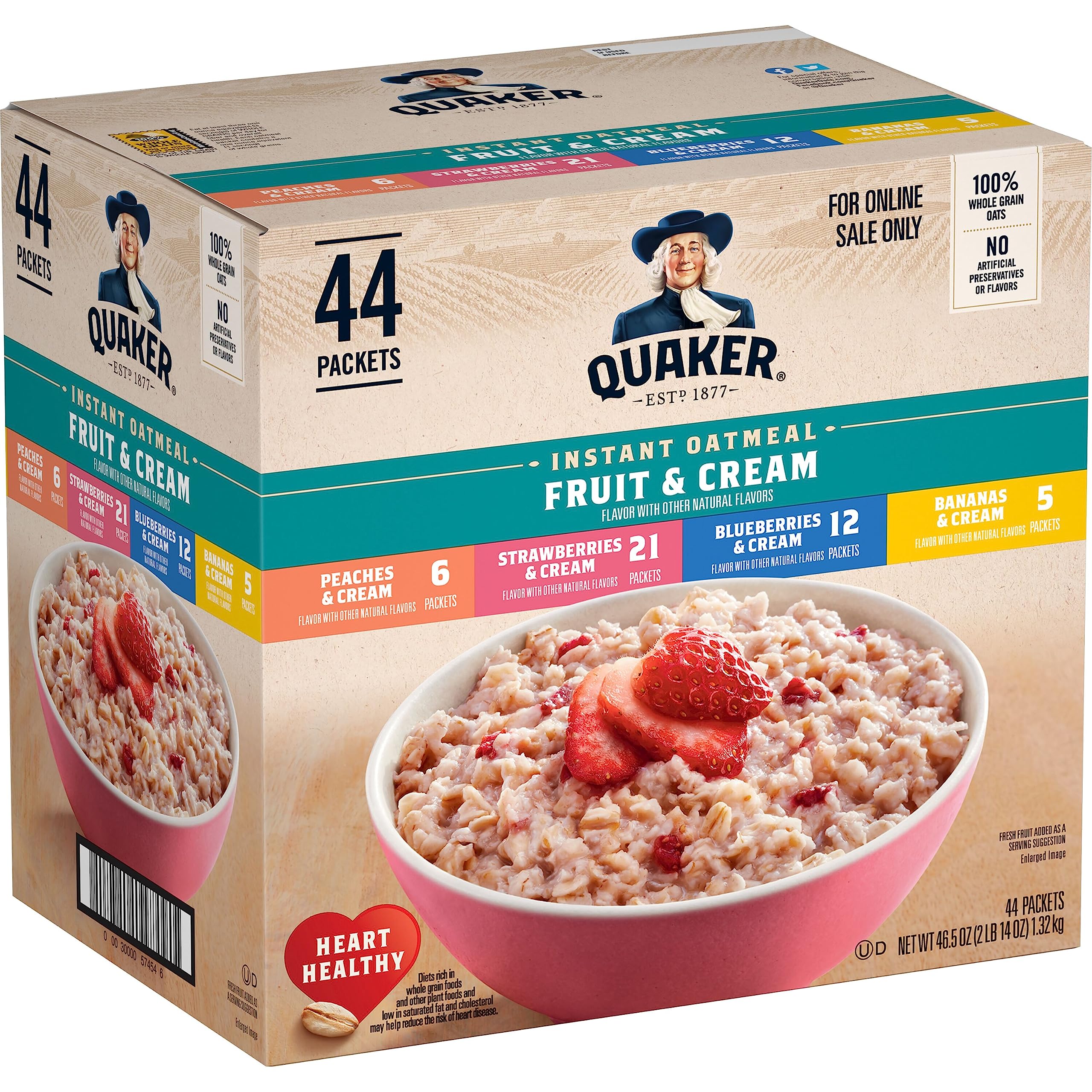Buy now Quaker Instant Oatmeal Fruit & Cream Variety Pack, Single Serve Packets, (44 Pack) Fruit & Cream 4 Flavor Variety at indiglob india