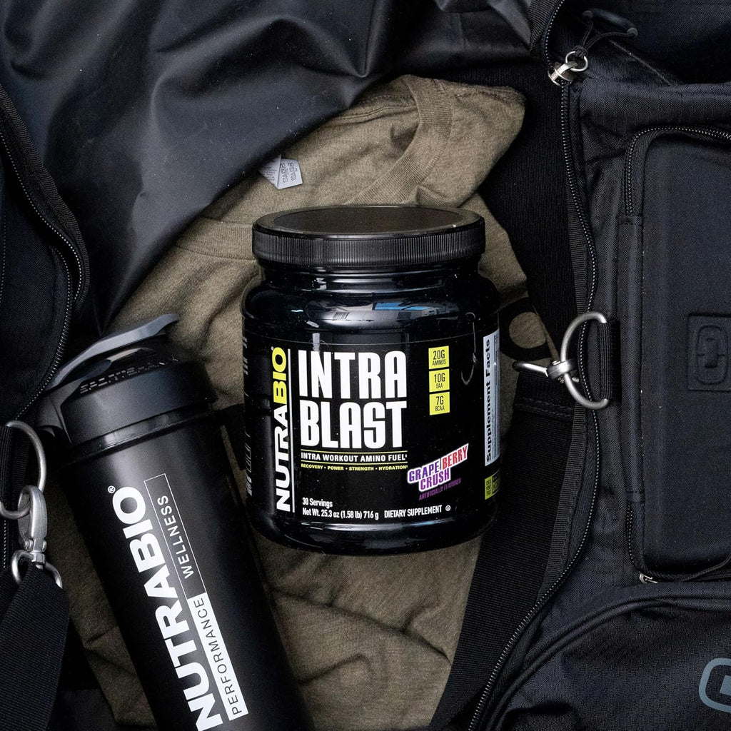 Buy now NutraBio Intra Blast Bcaa Powder Amino Acid Supplement, Electrolyte & Hydration Blend, Intra, Pre Workout & Muscle Recovery, 20g Eaa Amino Acids Powder, 5g Glutamine- Grape Berry Crush, 30 Serving at indiglob india