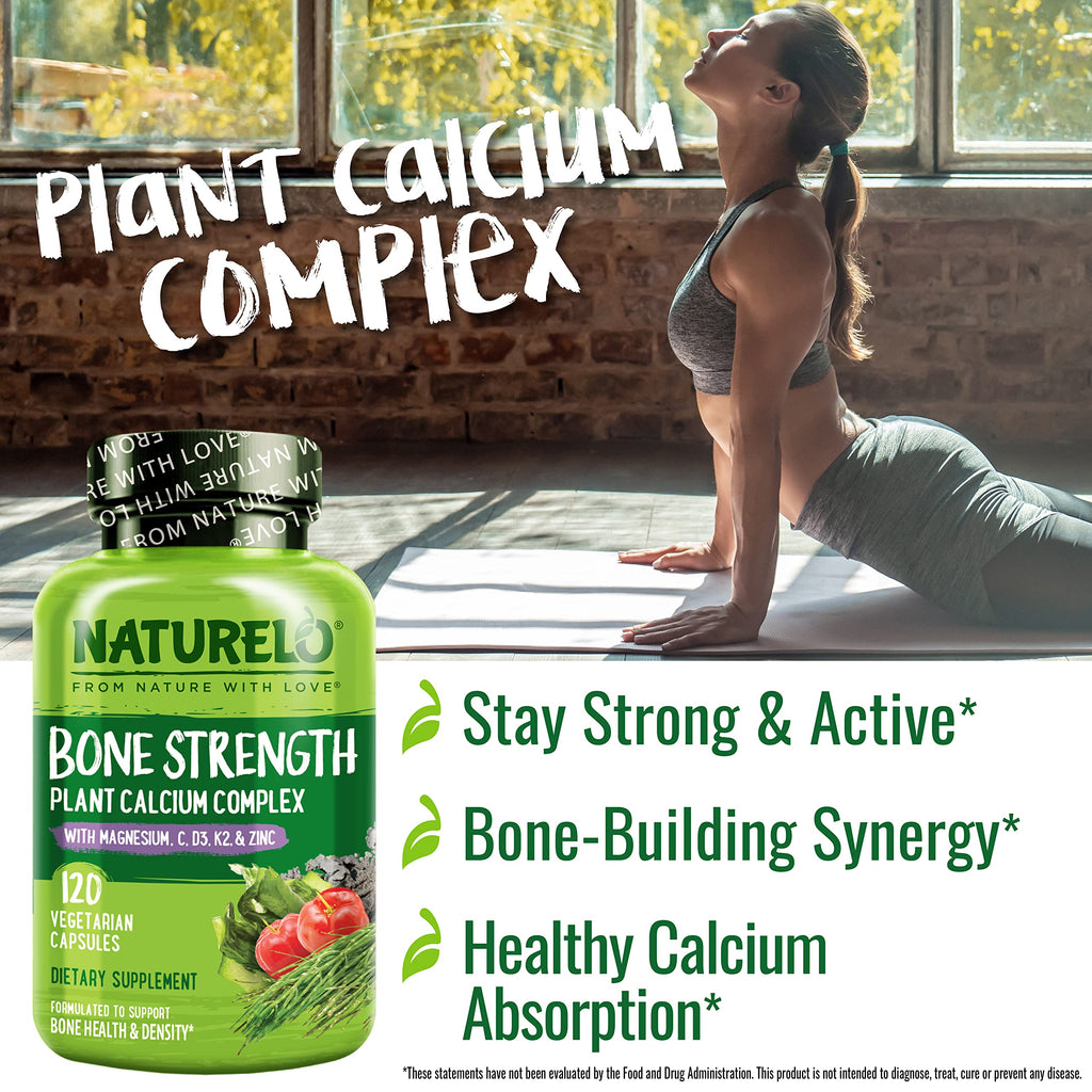 NATURELO 600mg Calcium Supplement for Bone Strength, VIT D3, 120 Capsules | Magnesium, Zinc, Vit K2, for Women & Older Adults, Plant-Based, Well Tolerated, NSF Contents Certified, MFD in GMP Facility