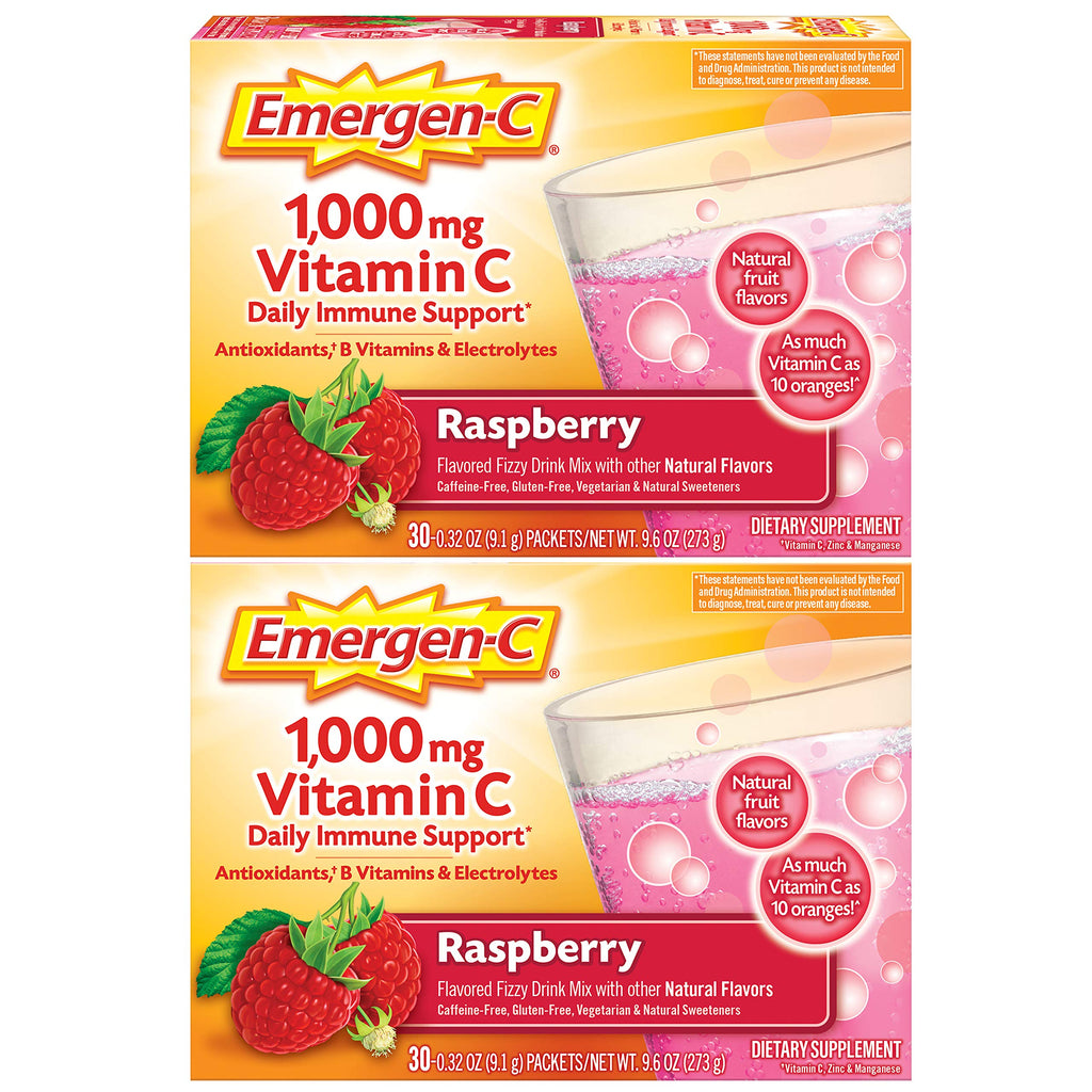 Emergen-C 1000mg Vitamin C Immune Support Powder, Raspberry, 60 ct | B Vitamins for Energy, Zinc and Manganese, Electrolytes, Natural Flavor, Caffeine Free, Vitamin D