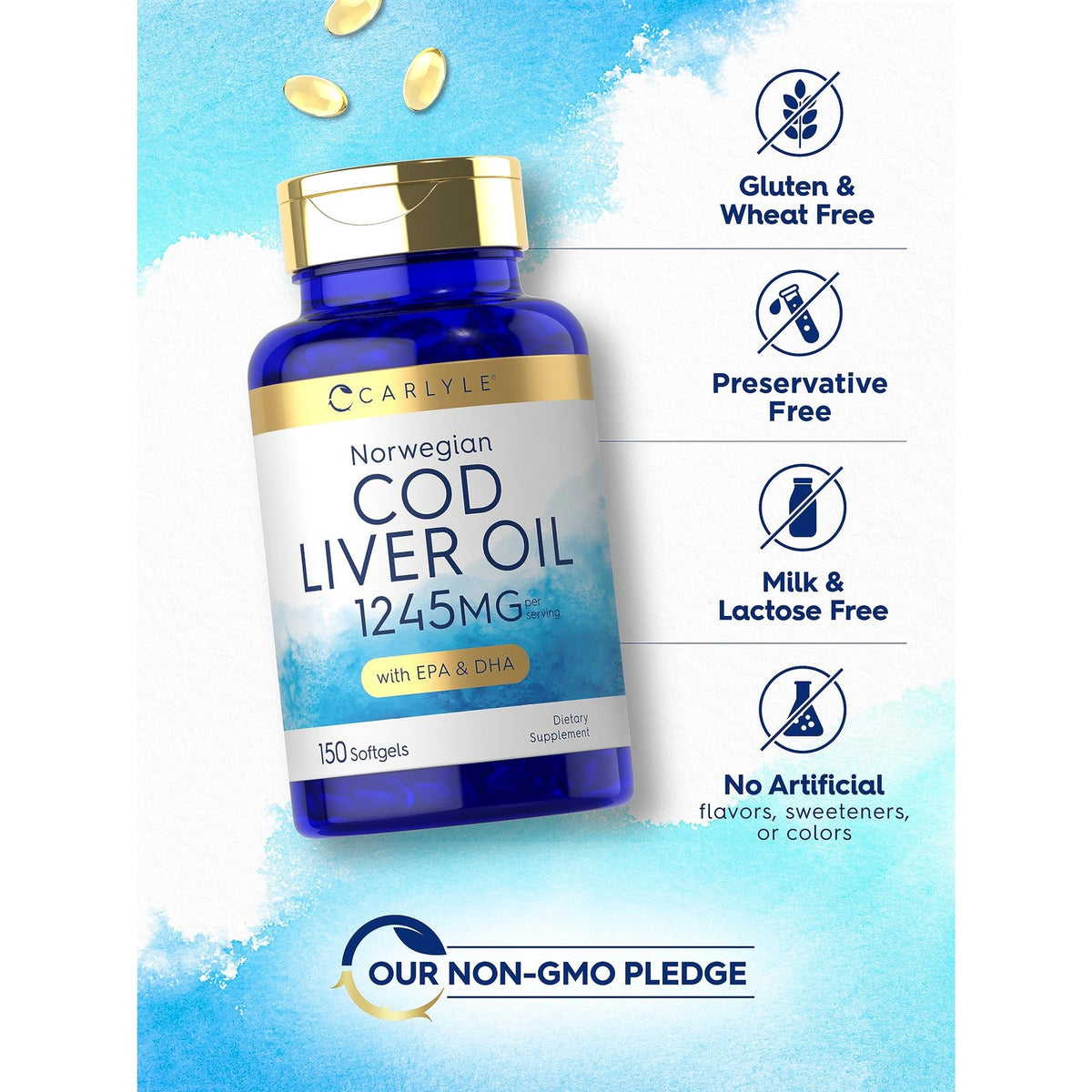Carlyle Norwegian Cod Liver Oil | with EPA & DHA | 1245mg | 150 Softgels