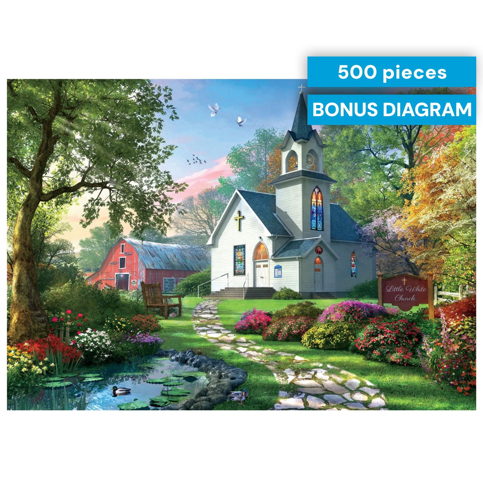 Buy now Buffalo Games – Little White Chapel Jigsaw Puzzle, 500 Piece Puzzle for Adults, Peaceful Church Landscape Art by Dominic Davison at indiglob india