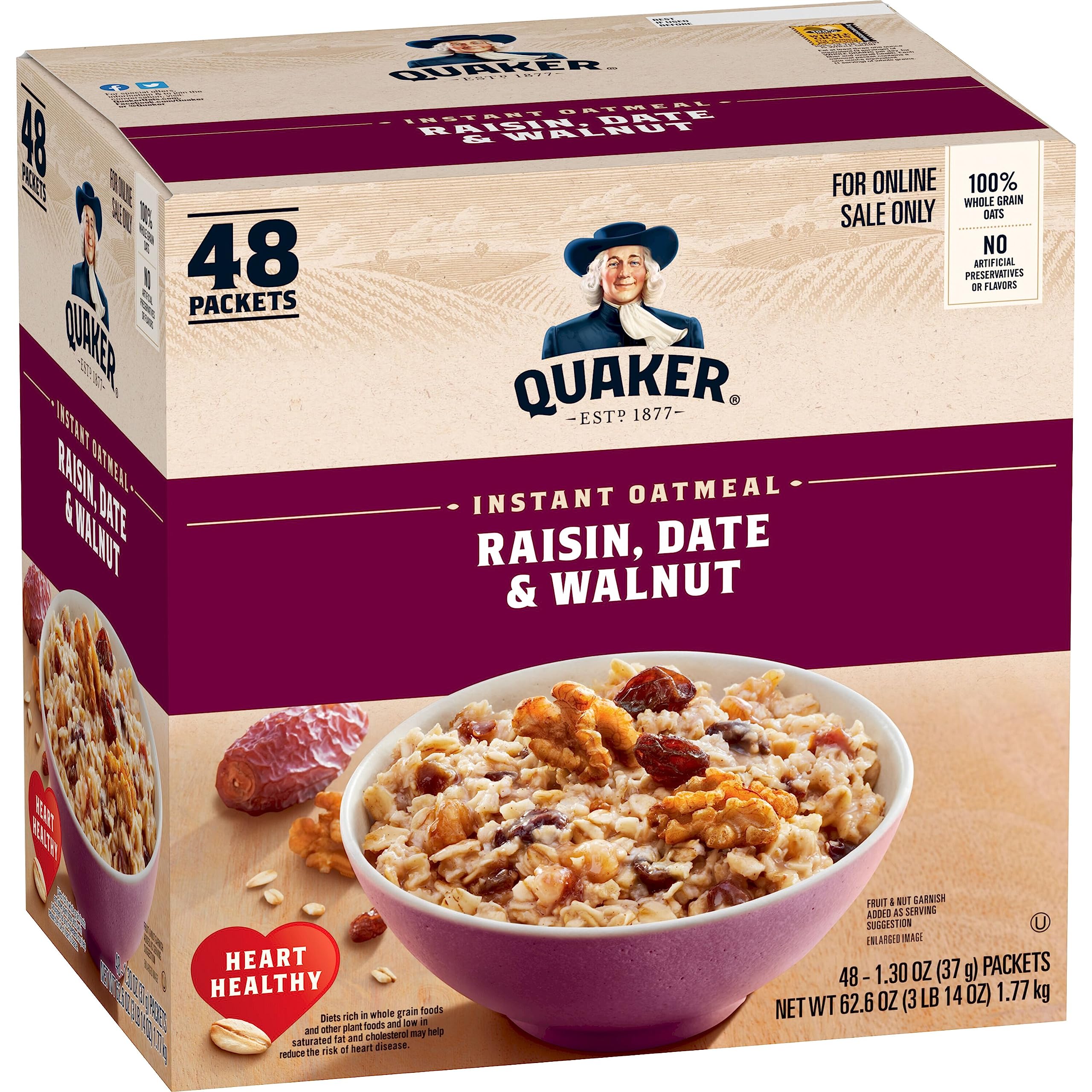 Buy now Quaker Instant Oatmeal Fruit & Cream Variety Pack, Single Serve Packets, (44 Pack) Raisin, Date & Walnut at indiglob india