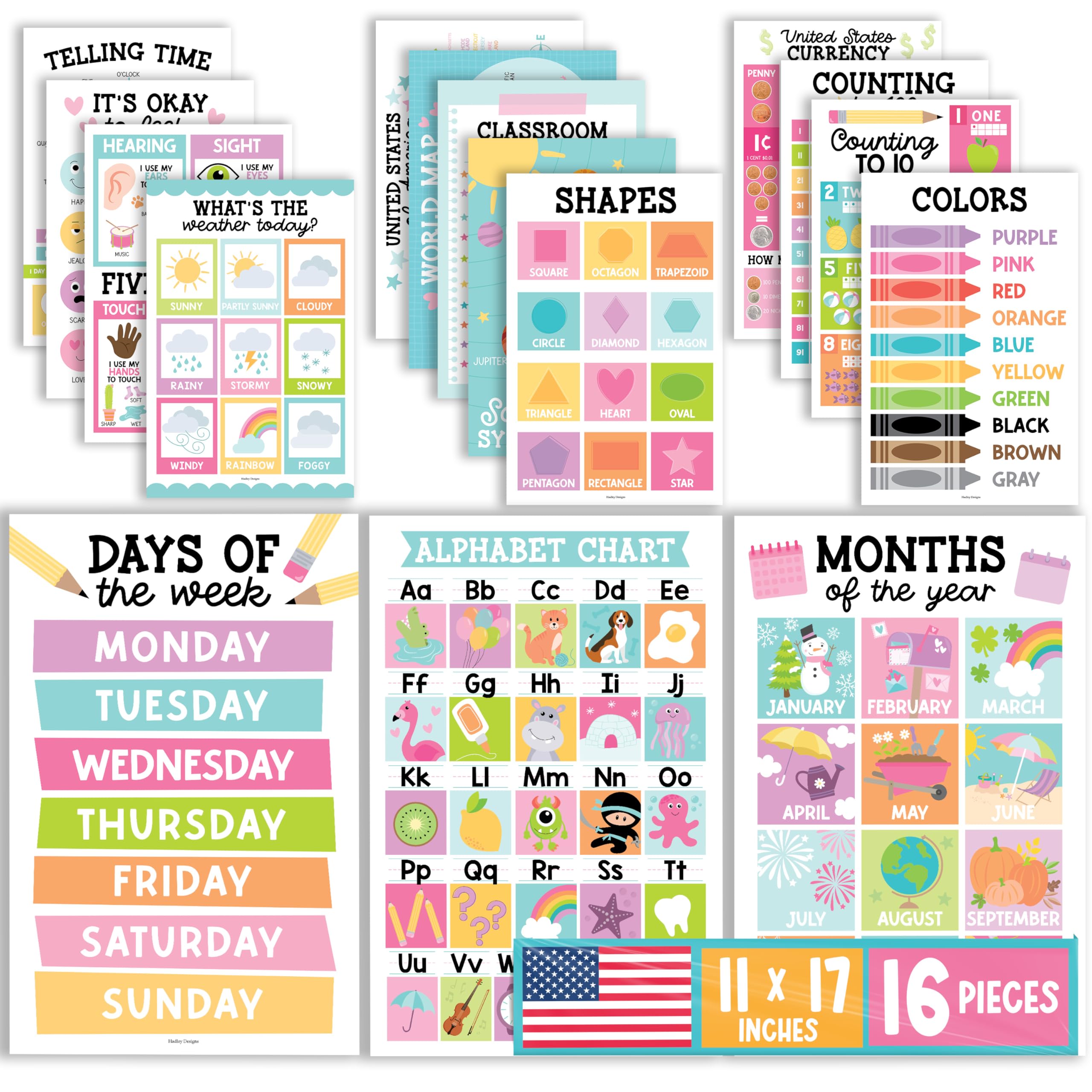 Buy now Hadley Designs 16 Educational Posters for Classroom Decor - Colorful Educational Posters for Toddlers 1-3, Toddler Learning Poster for Kids Ages 3-5, Kindergarten & Preschool Classroom Must Haves Colorful Pastel at indiglob india