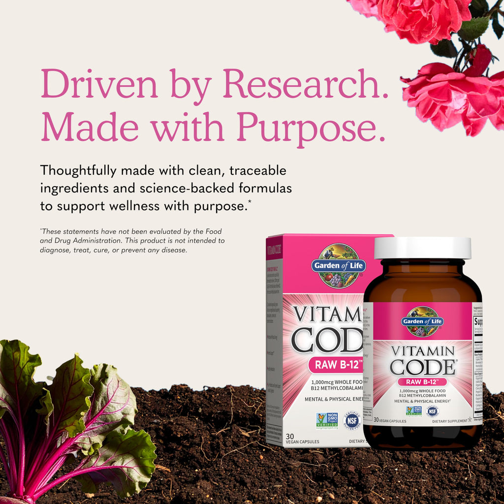 Garden of Life Vitamin Code Raw B-12 - 30 Capsules, 1,000mcg Whole Food B12 Methylcobalamin for Energy, Vegan Methylcobalamin Vitamin plus Probiotics and Enzymes, Gluten Free Supplements